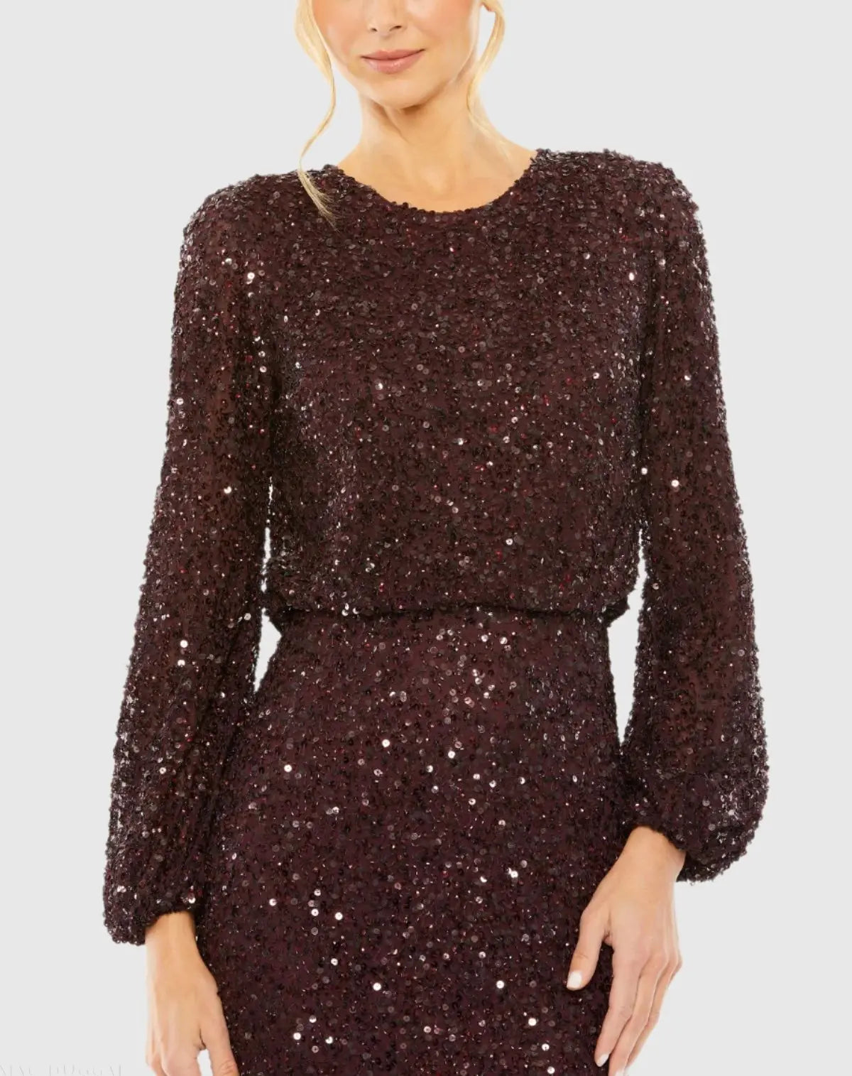 Red High Neck Long Sleeve Beaded Blouson Gown-Myartka