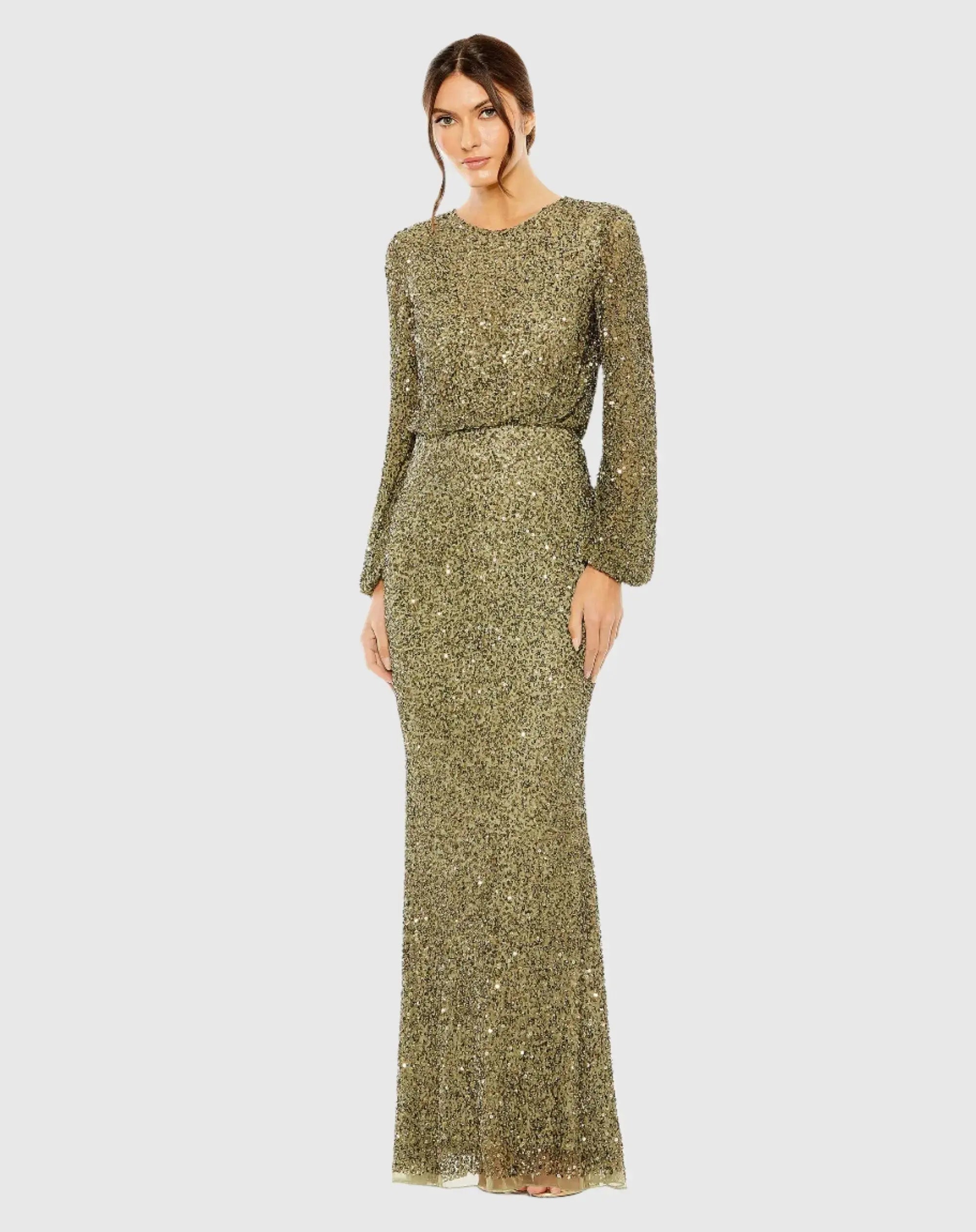 Green High Neck Long Sleeve Beaded Blouson Gown-Myartka