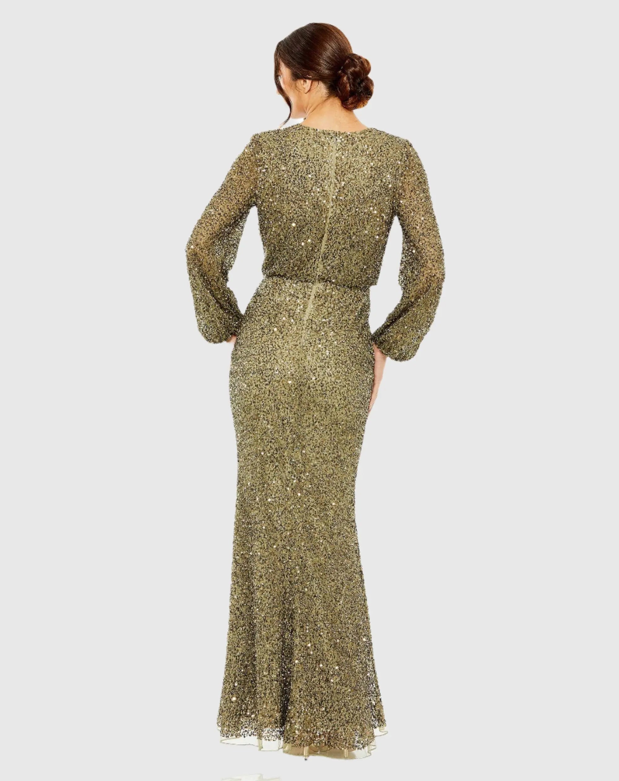 Green High Neck Long Sleeve Beaded Blouson Gown-Myartka