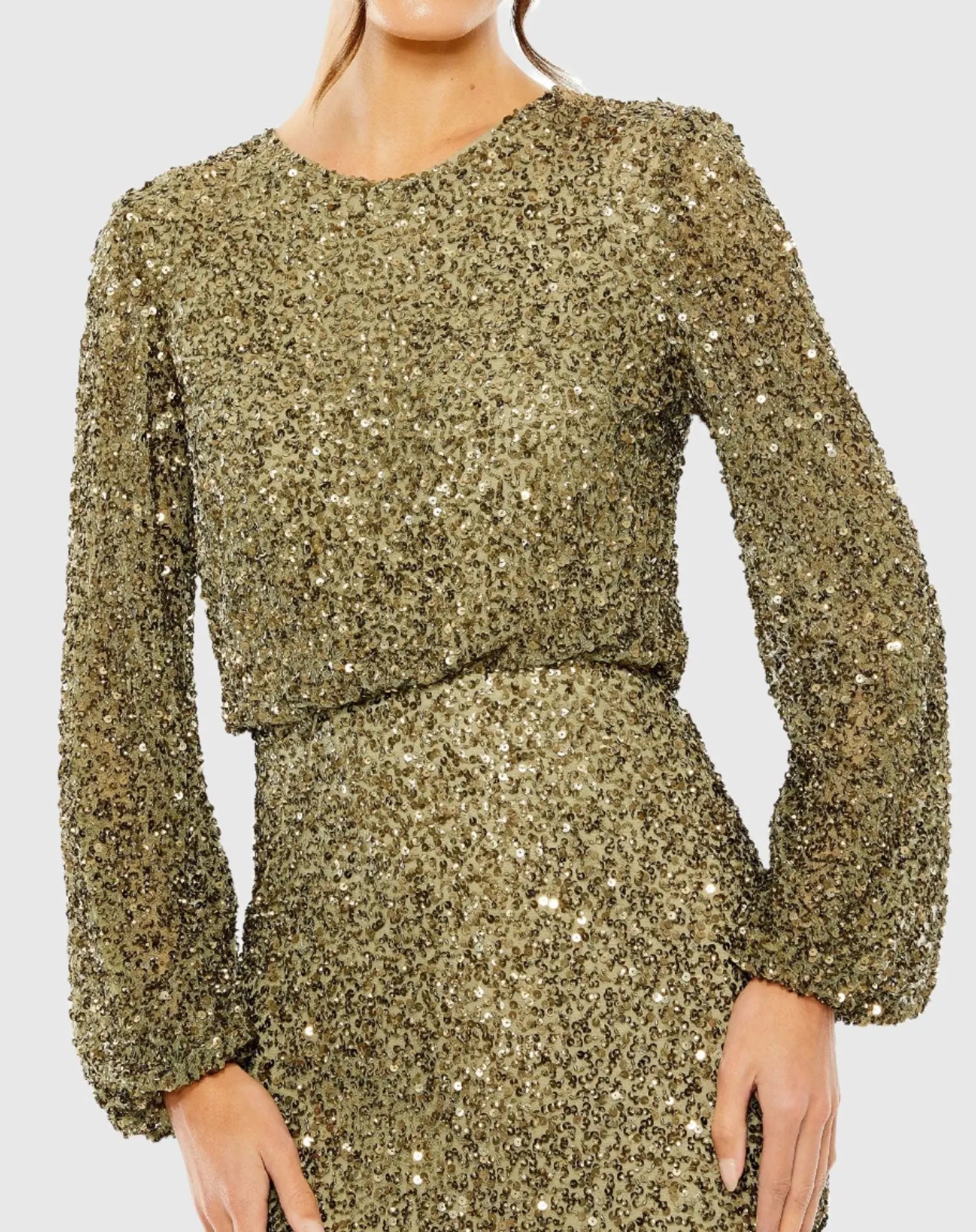 Green High Neck Long Sleeve Beaded Blouson Gown-Myartka
