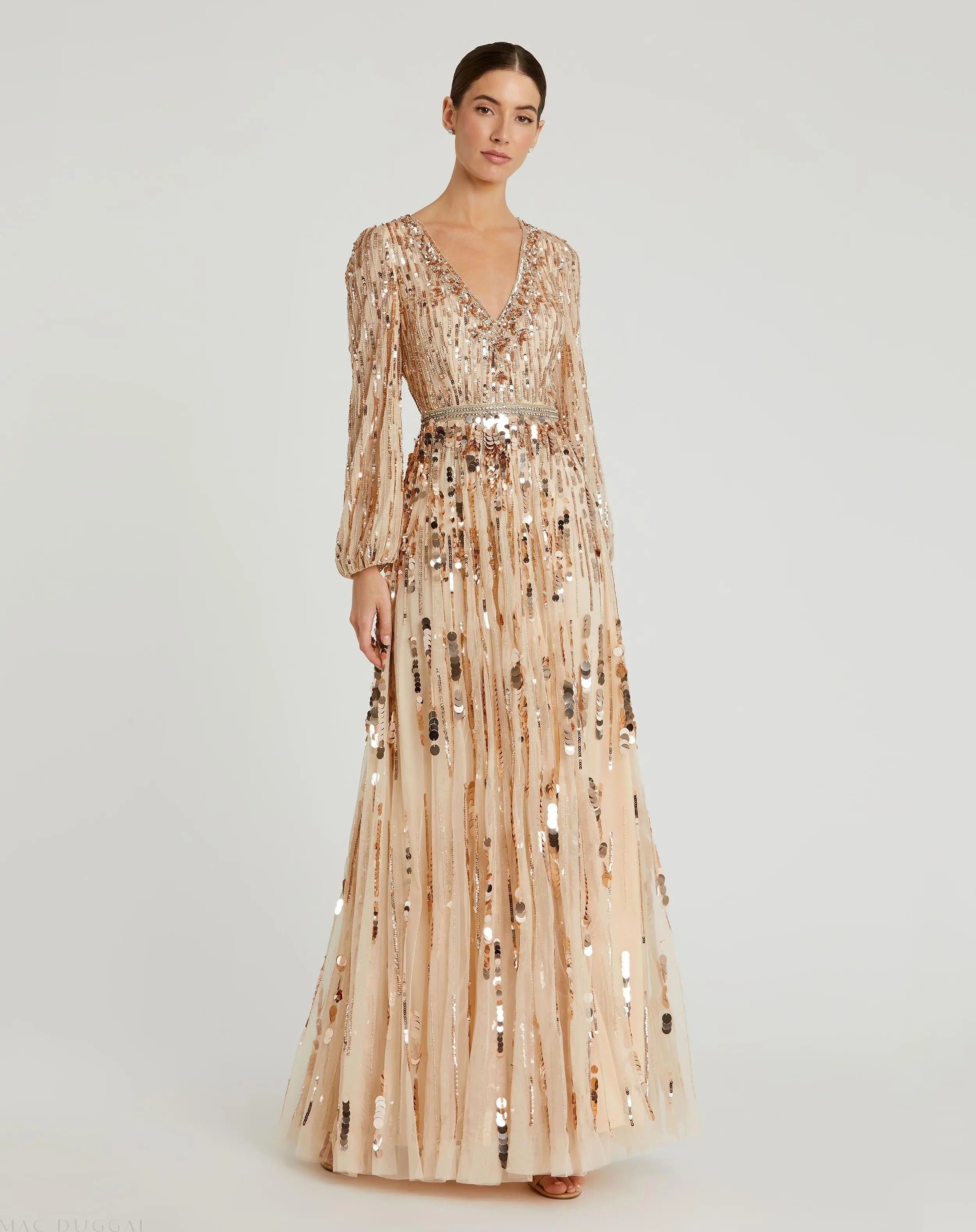 Beige Embellished Mesh Long Sleeve V Neck Gown-Myartka