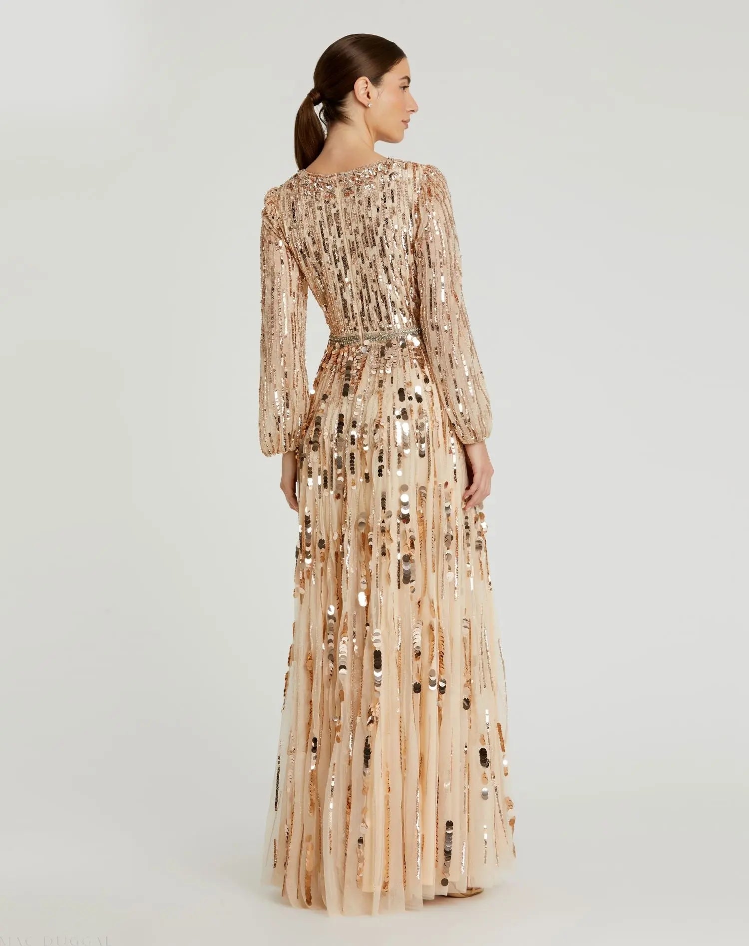Beige Embellished Mesh Long Sleeve V Neck Gown-Myartka