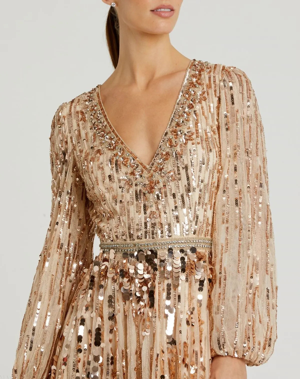 Beige Embellished Mesh Long Sleeve V Neck Gown-Myartka