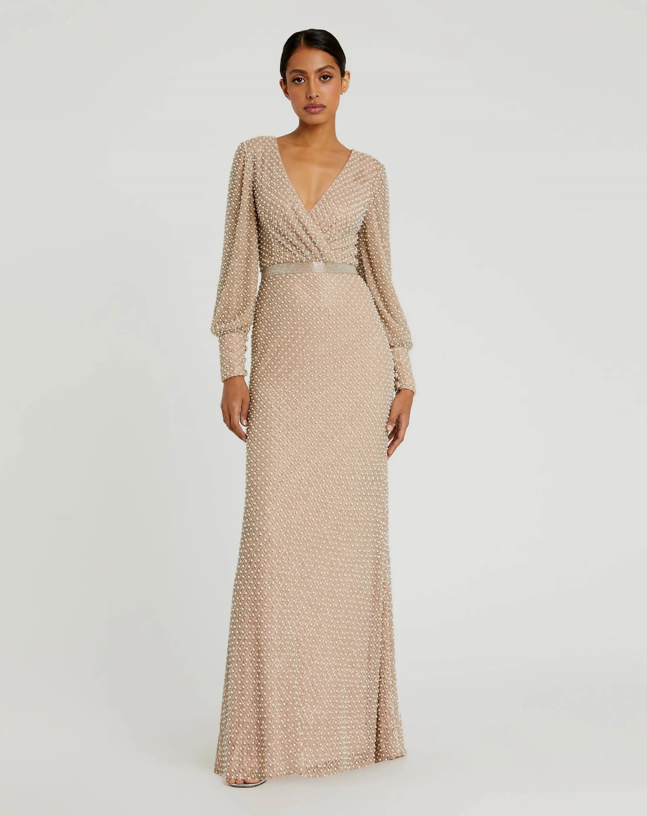 Beige Wrap Over Bishop Sleeve Gown With Pearl Beading-Myartka