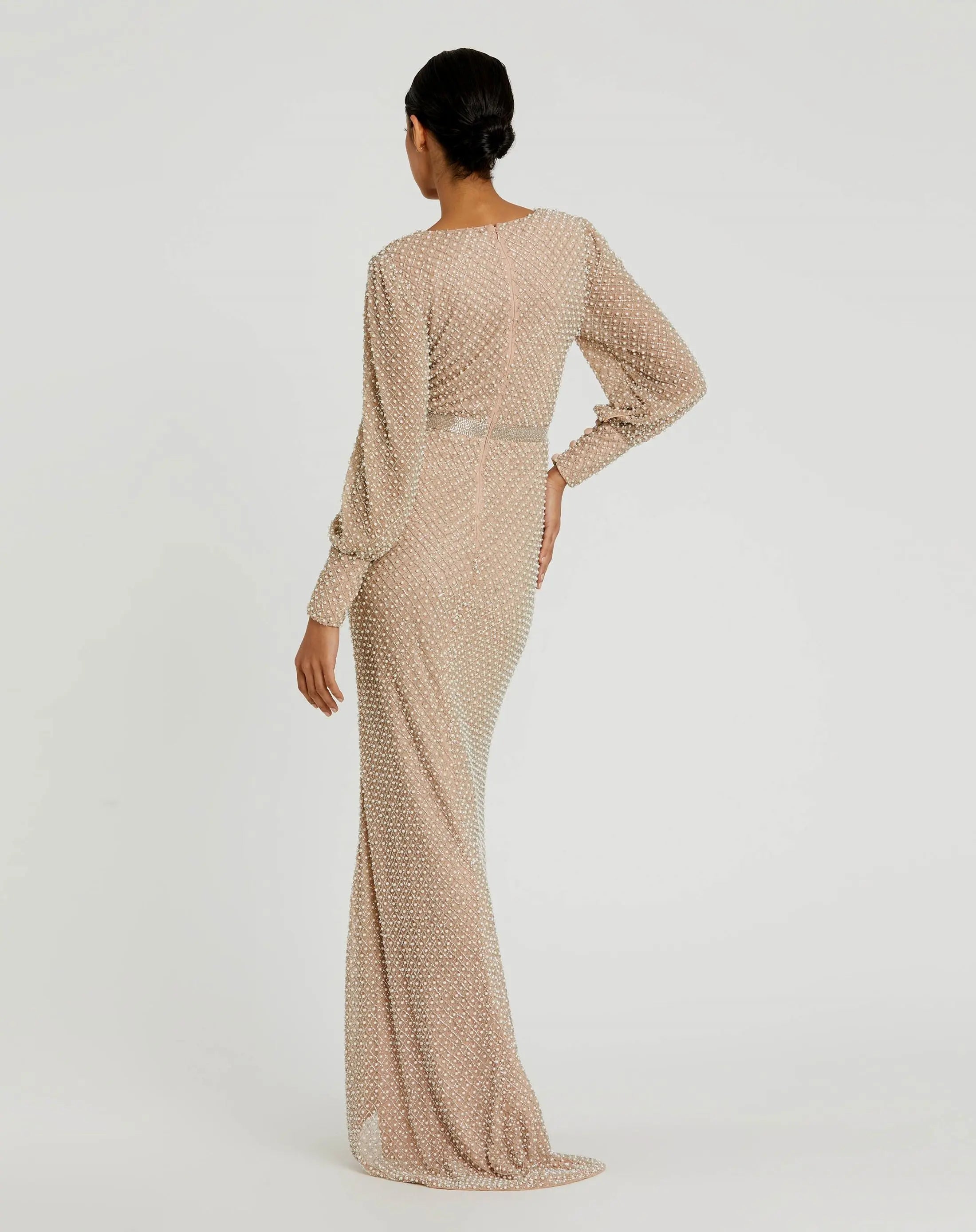 Beige Wrap Over Bishop Sleeve Gown With Pearl Beading-Myartka