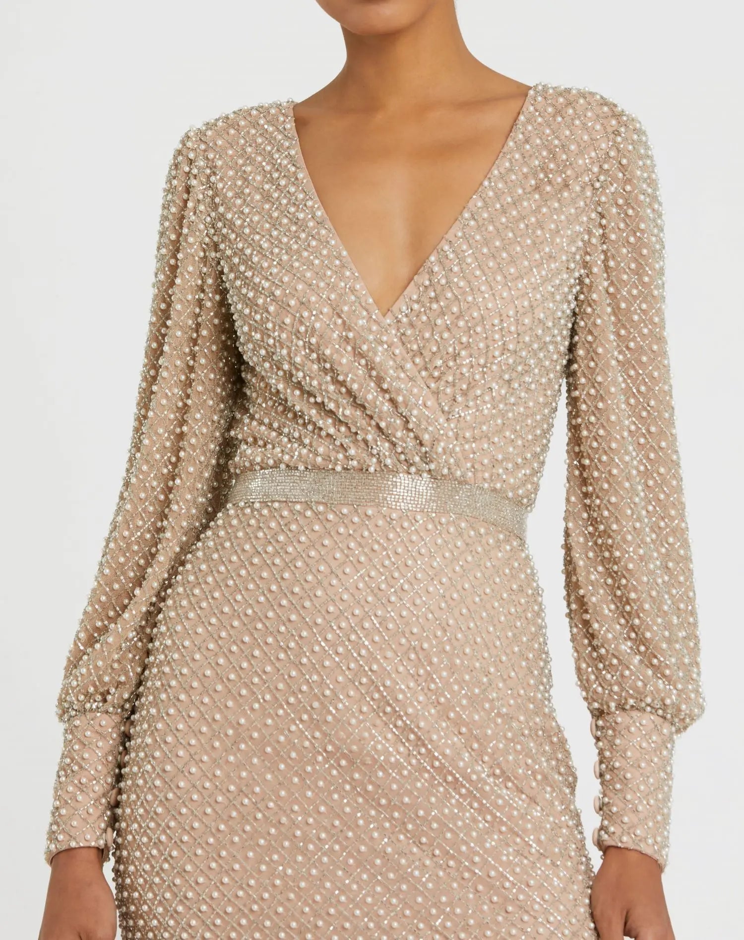 Beige Wrap Over Bishop Sleeve Gown With Pearl Beading-Myartka