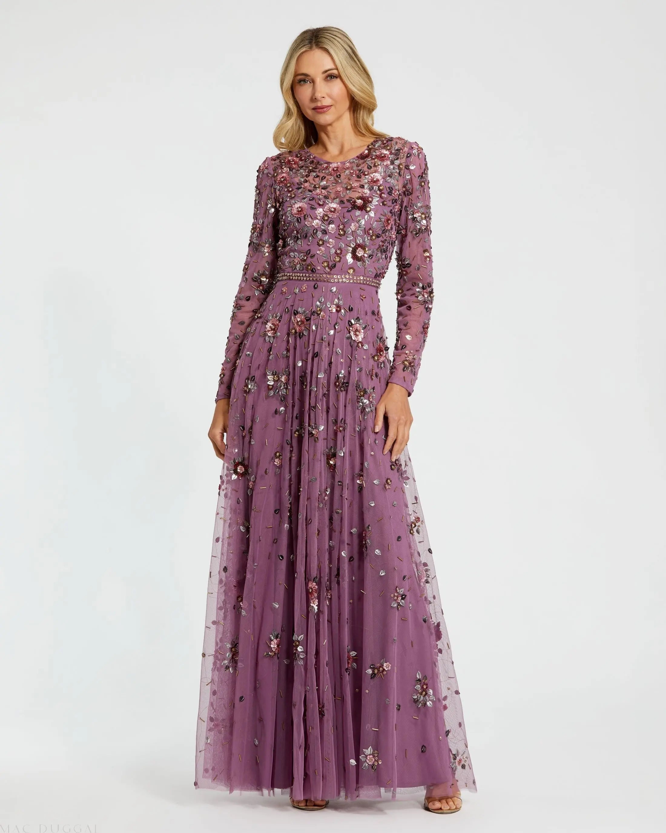 Purple Long Sleeve High Neck Beaded Gown-Myartka
