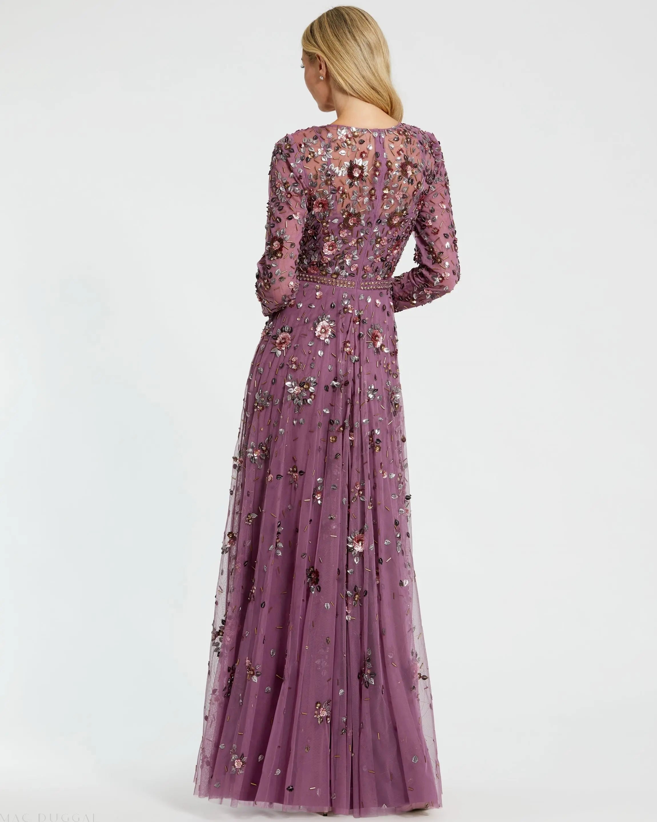 Purple Long Sleeve High Neck Beaded Gown-Myartka