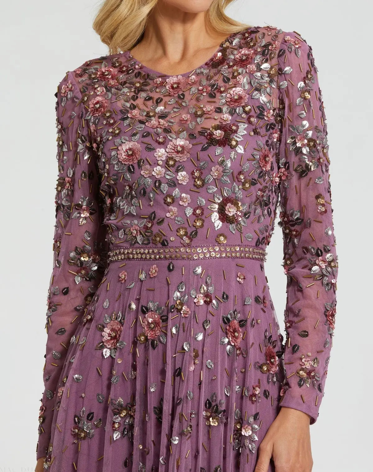Purple Long Sleeve High Neck Beaded Gown-Myartka