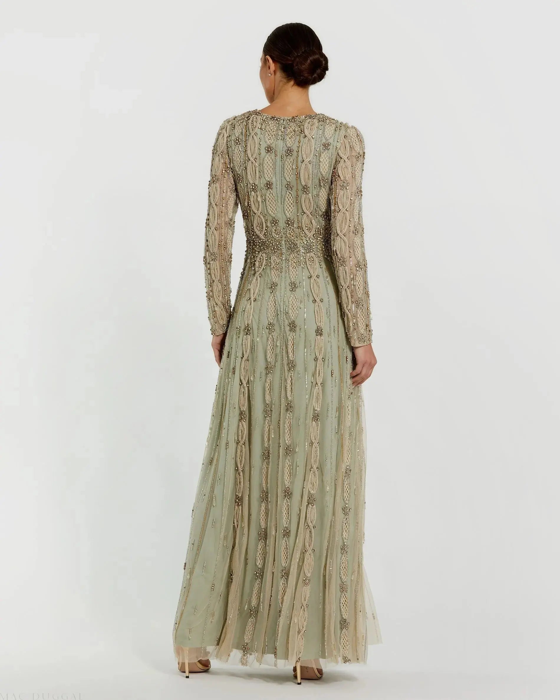 Green Embellished Long Sleeve A-Line Gown-Myartka