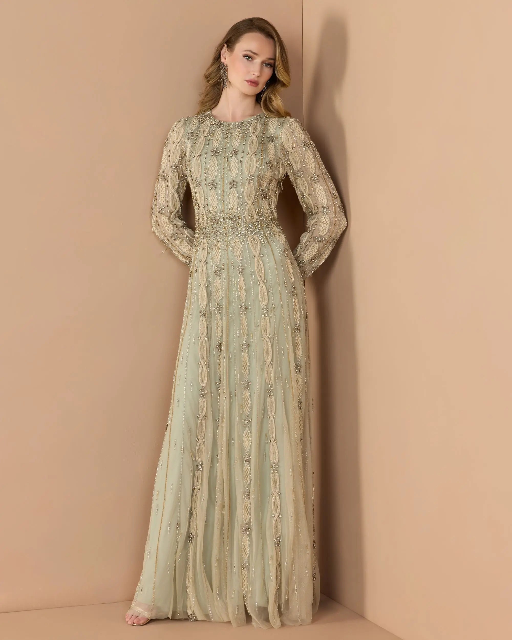 Green Embellished Long Sleeve A-Line Gown-Myartka