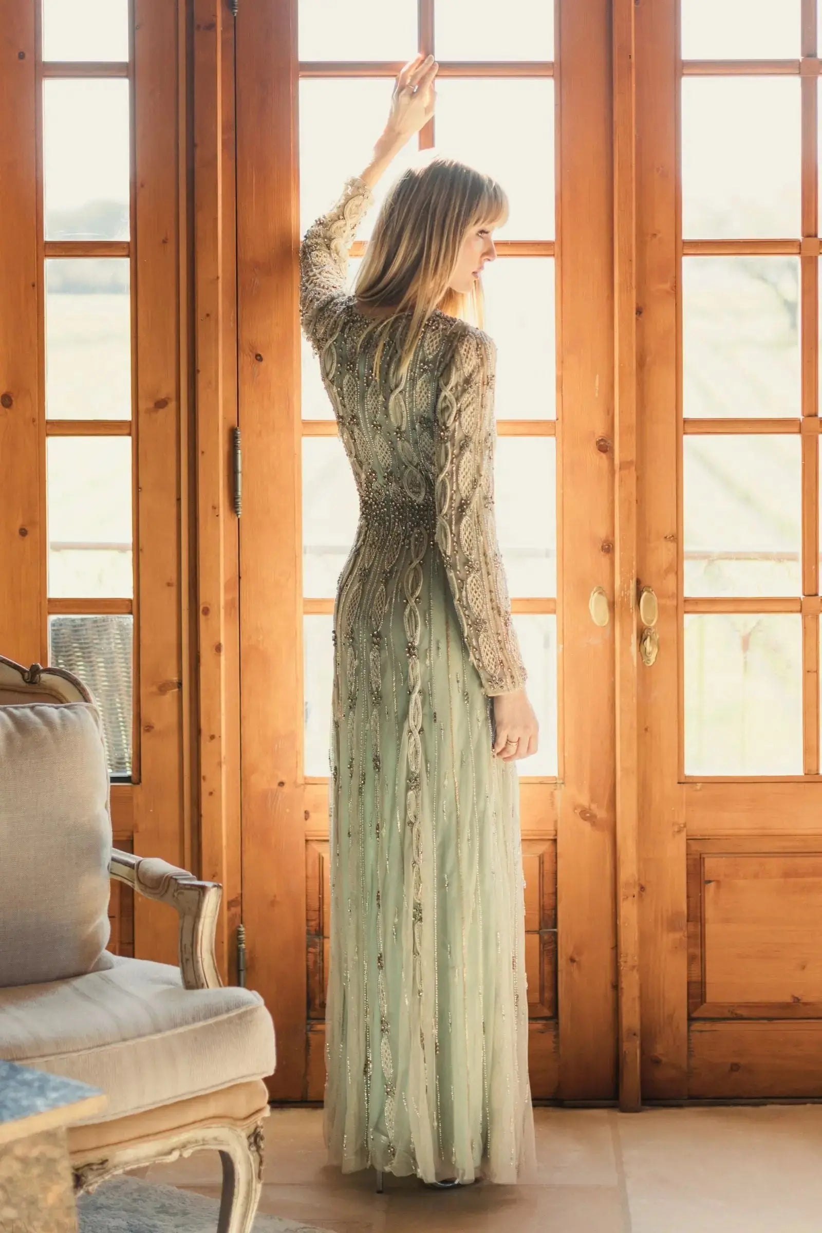 Green Embellished Long Sleeve A-Line Gown-Myartka