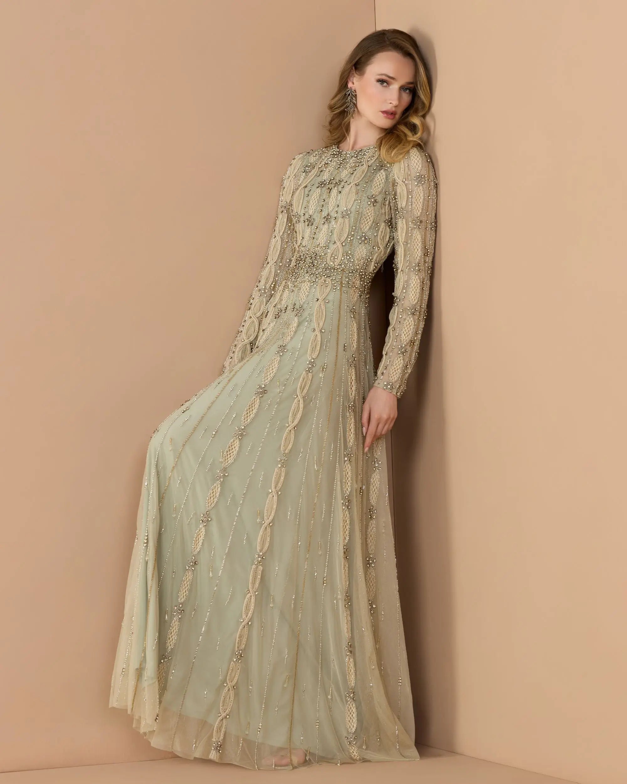 Green Embellished Long Sleeve A-Line Gown-Myartka
