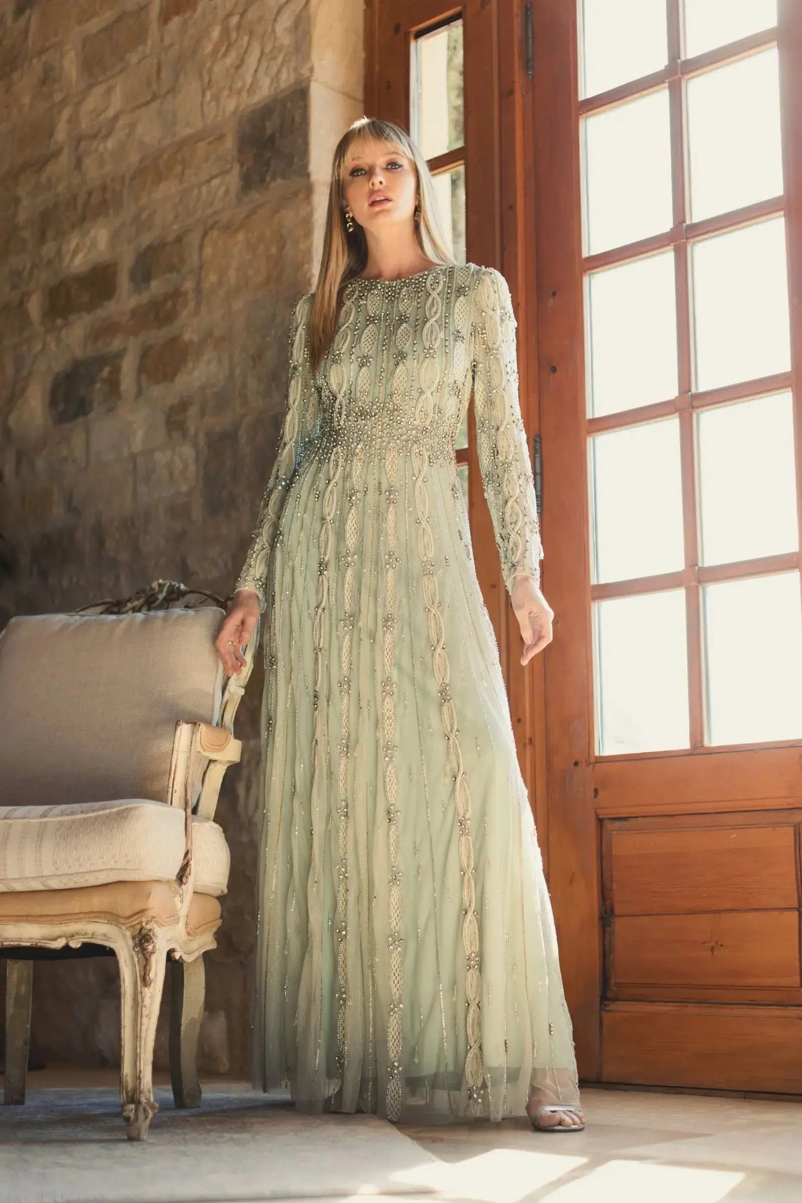 Green Embellished Long Sleeve A-Line Gown-Myartka