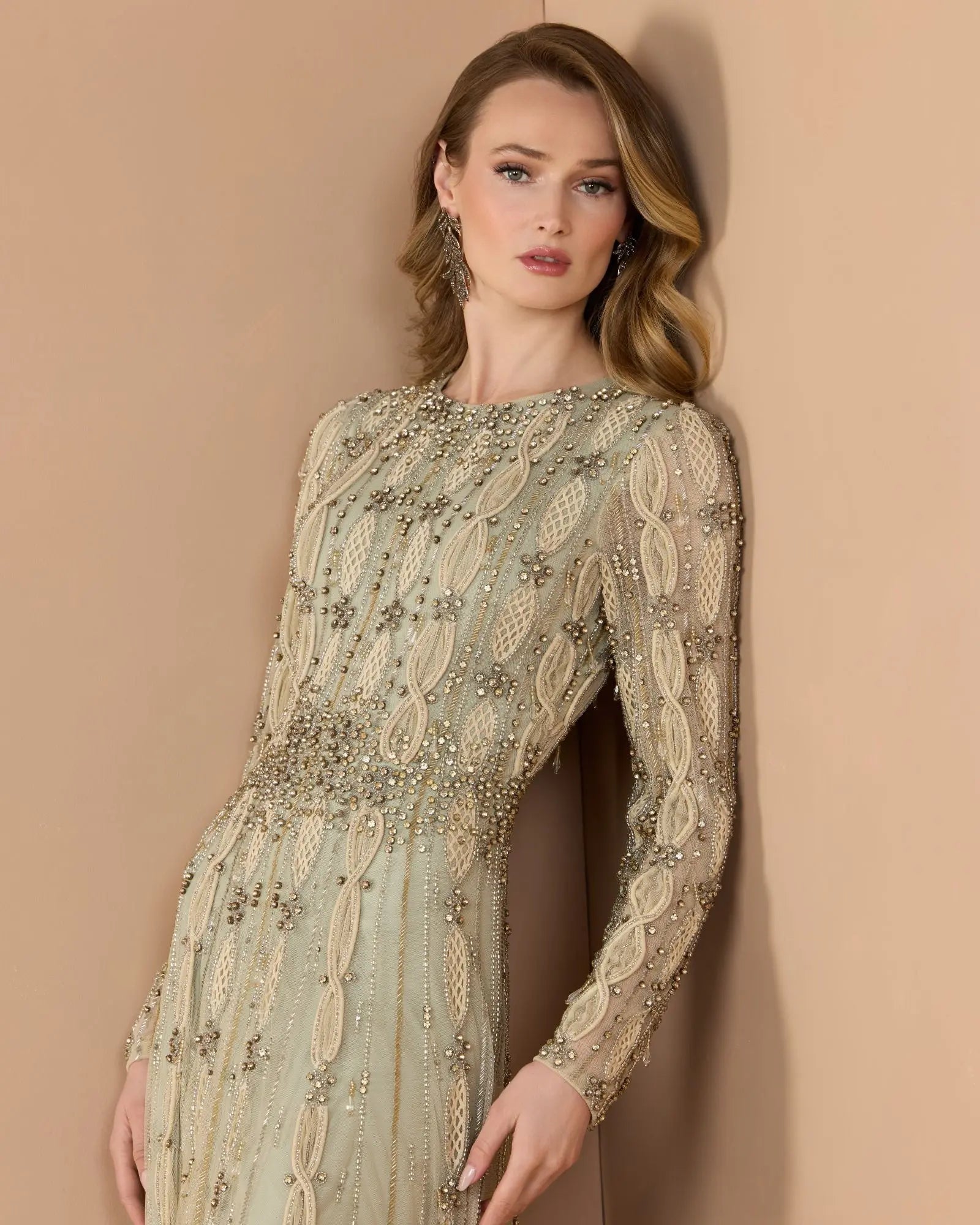 Green Embellished Long Sleeve A-Line Gown-Myartka