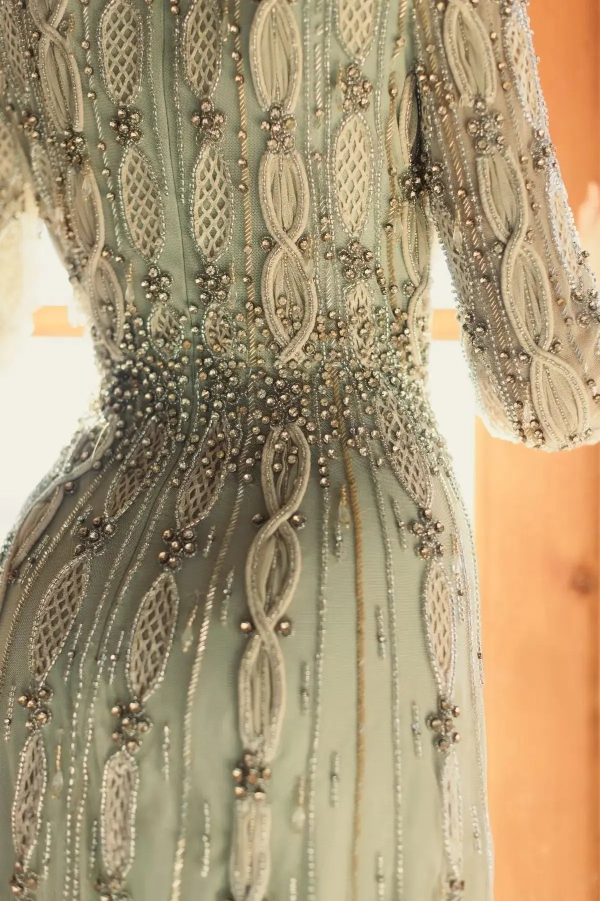 Green Embellished Long Sleeve A-Line Gown-Myartka