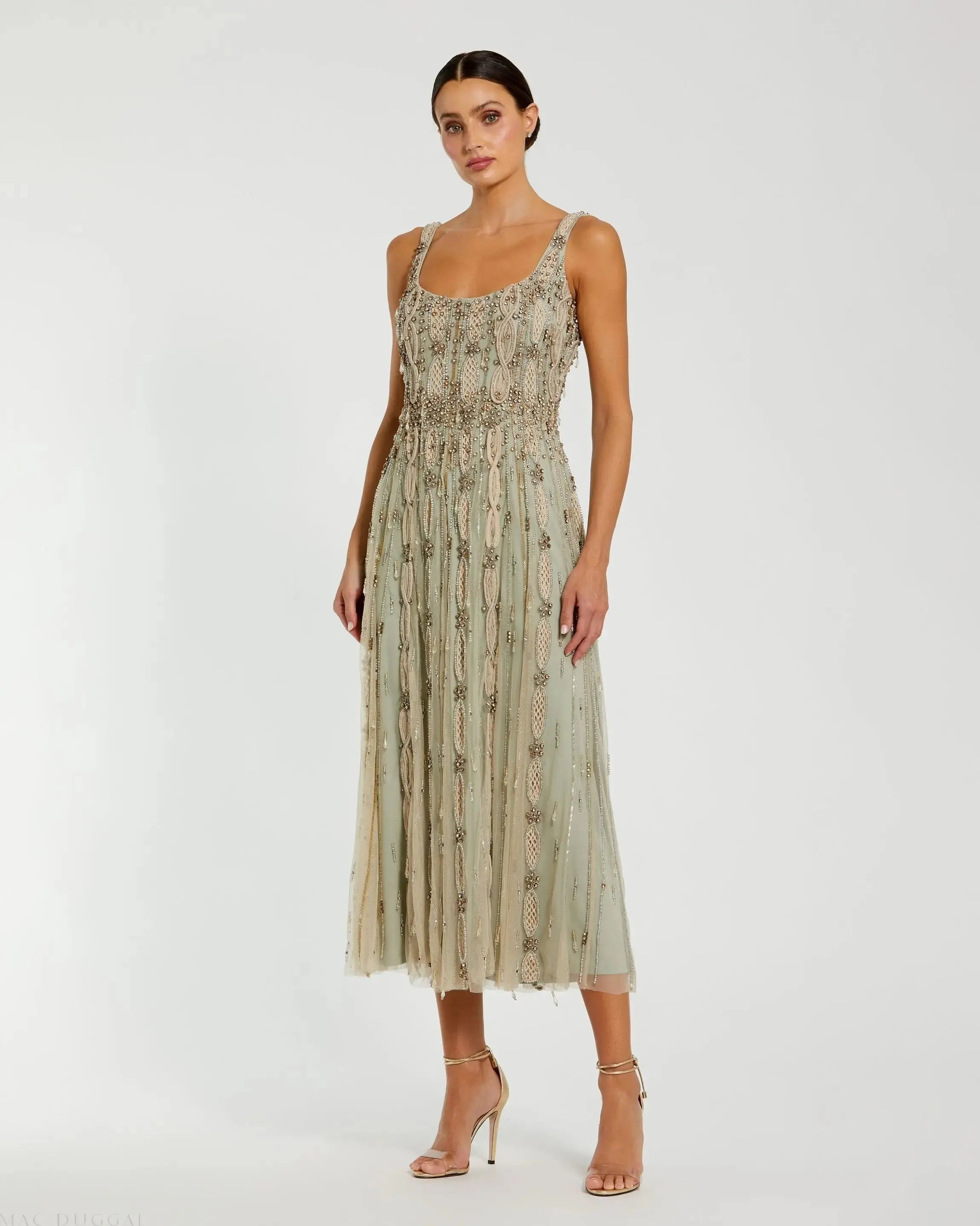 Green Sleeveless Scoop Neck Embellished Midi Dress-Myartka