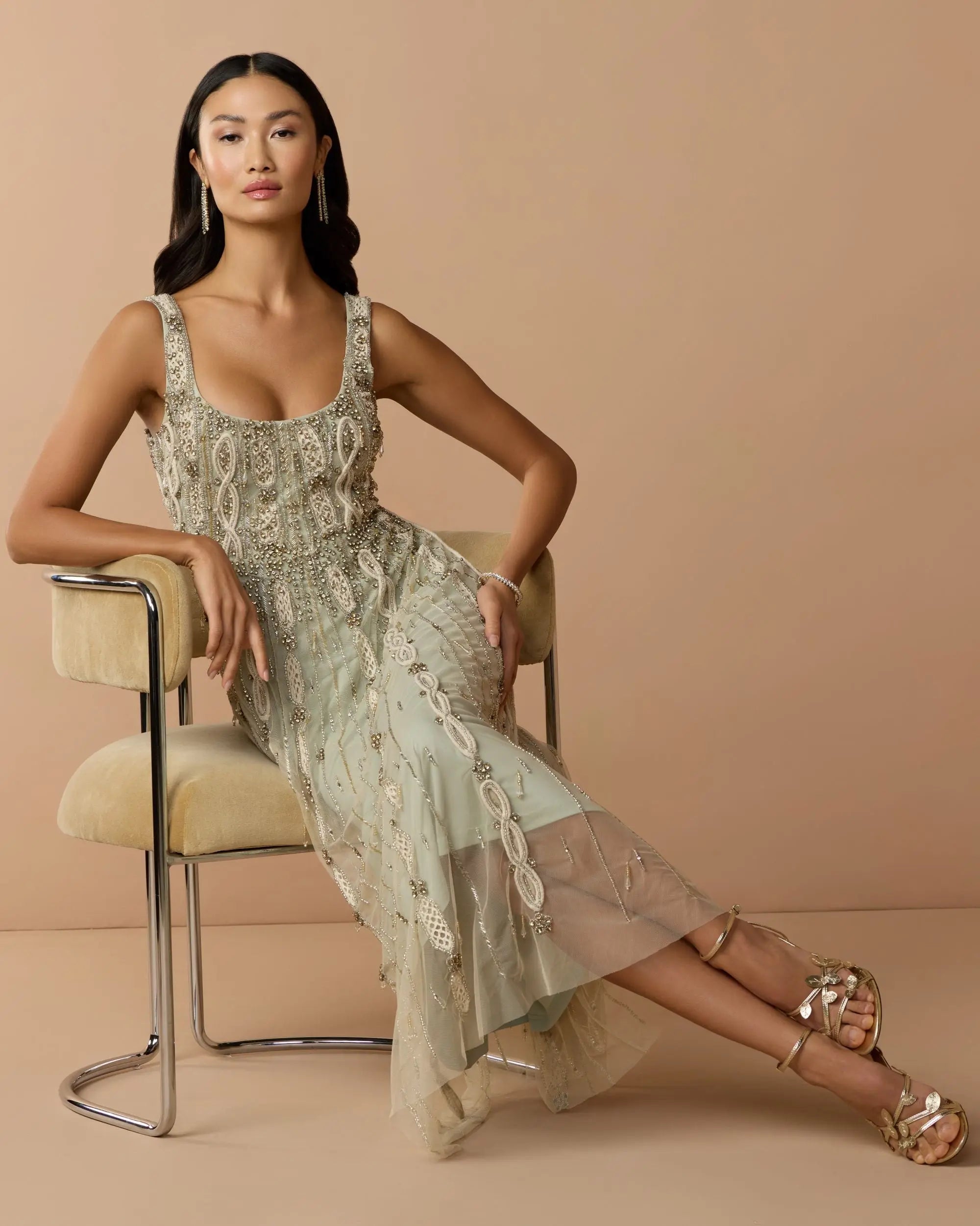 Green Sleeveless Scoop Neck Embellished Midi Dress-Myartka