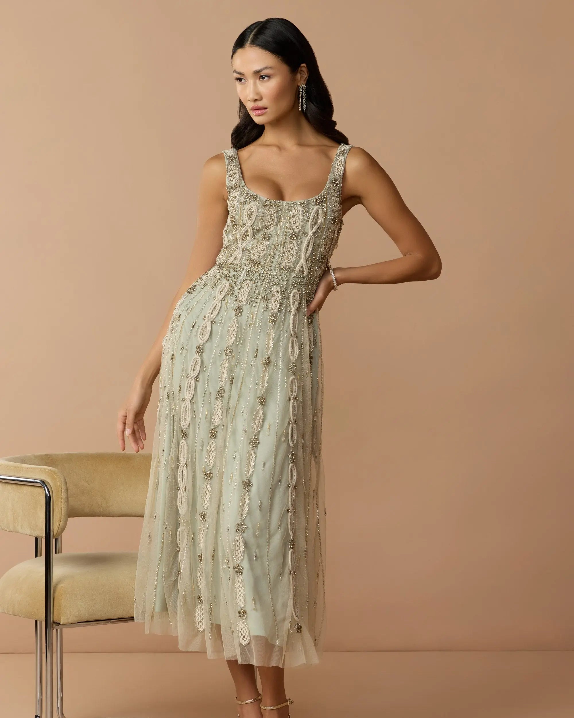 Green Sleeveless Scoop Neck Embellished Midi Dress-Myartka