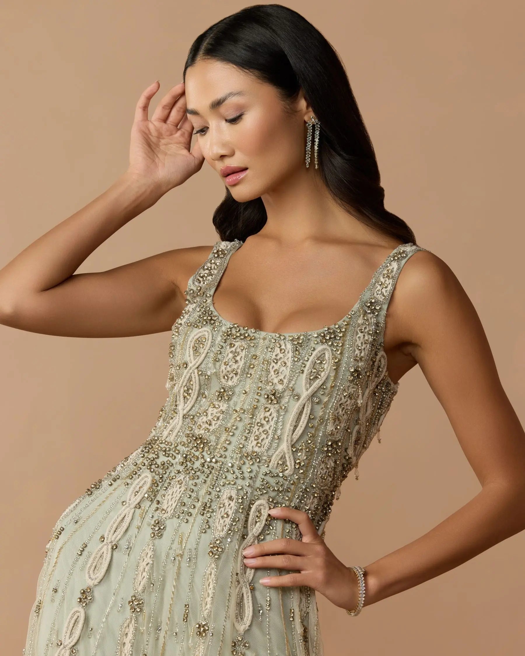 Green Sleeveless Scoop Neck Embellished Midi Dress-Myartka