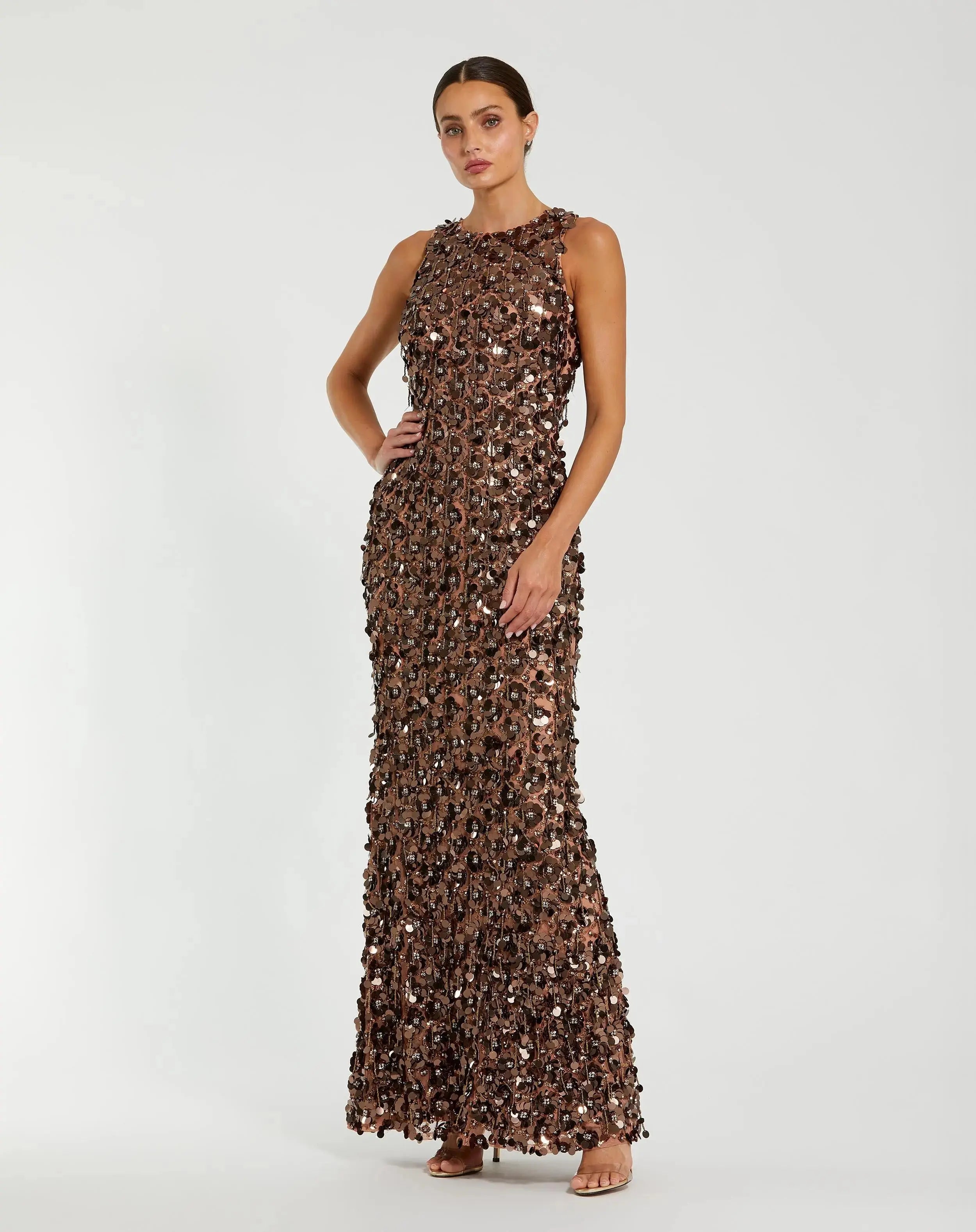 Brown Sequin Embellished Sleeveless Gown With Beaded Fringe-Myartka
