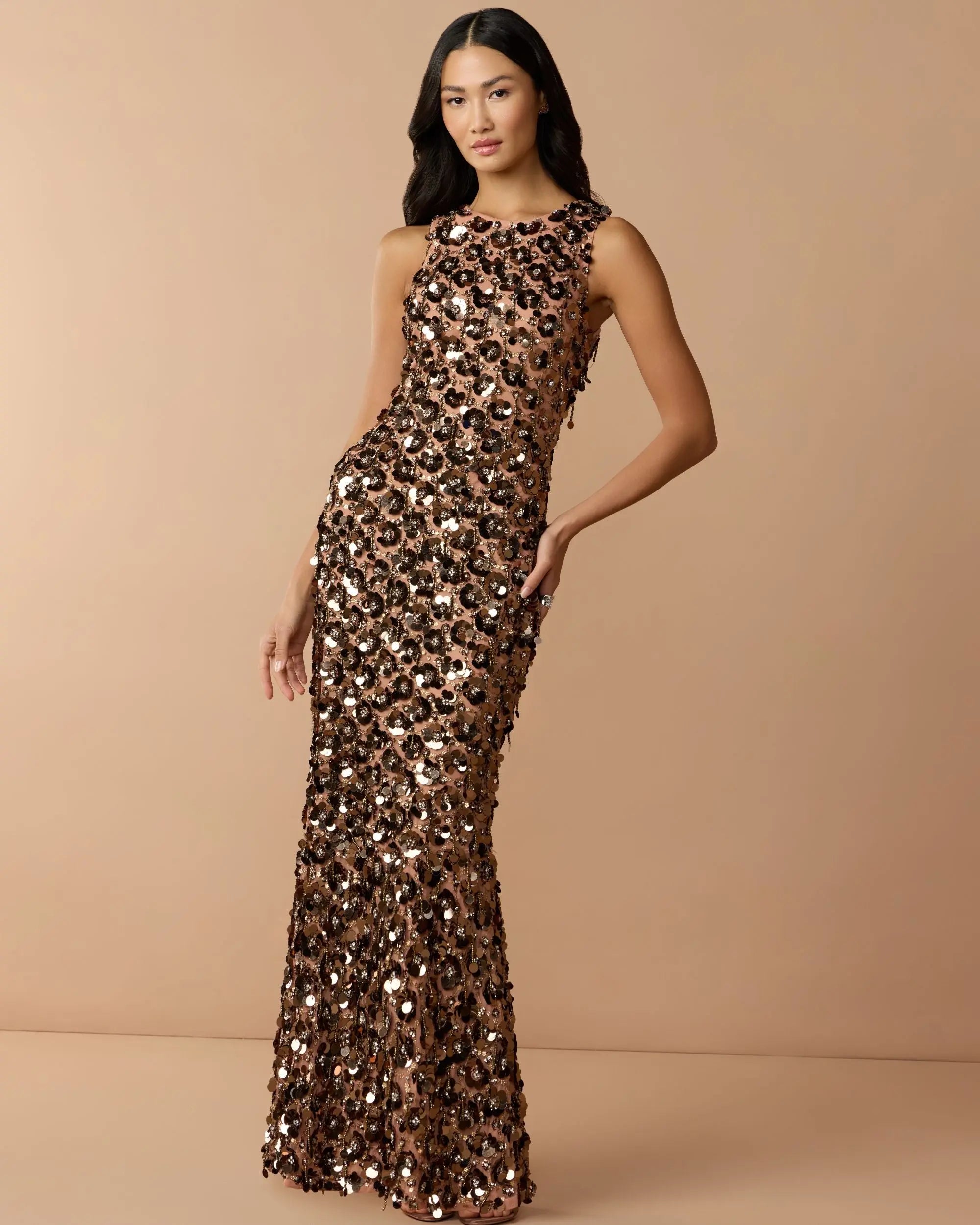 Brown Sequin Embellished Sleeveless Gown With Beaded Fringe-Myartka