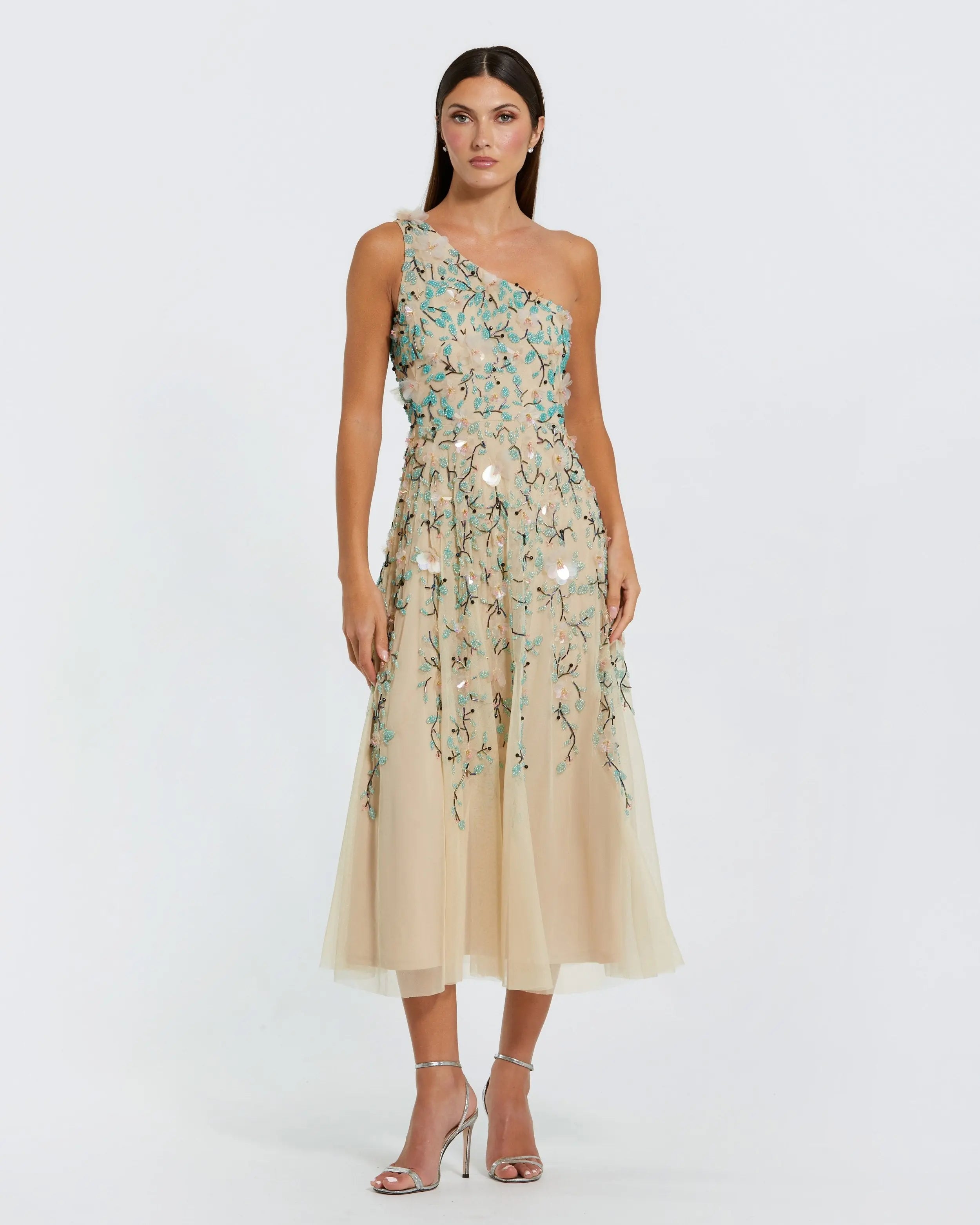 Beige Floral Embellished One Shoulder Midi Dress-Myartka
