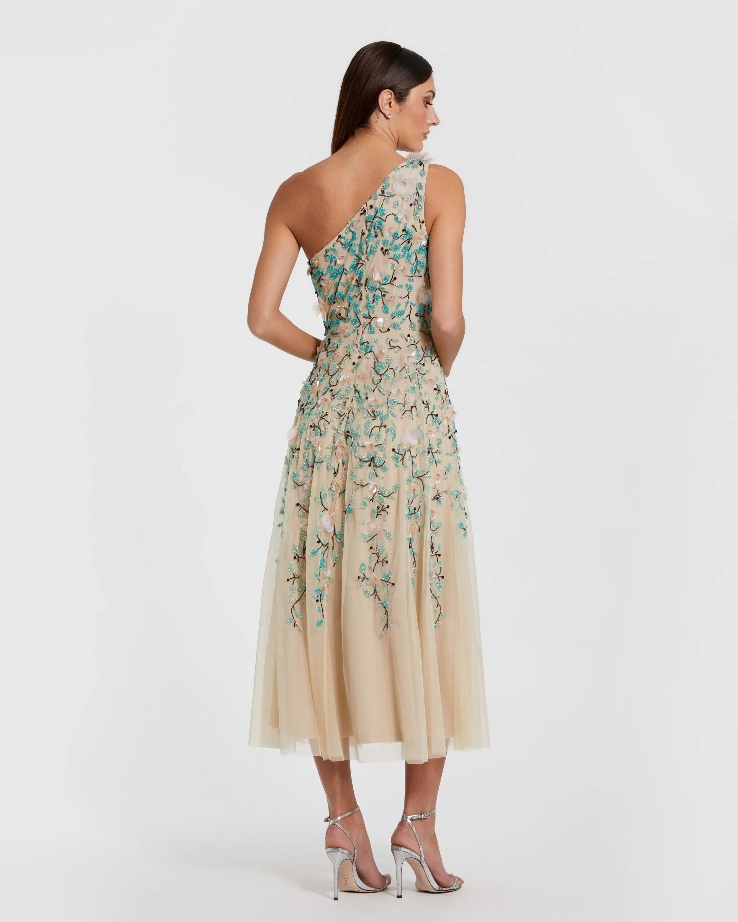 Beige Floral Embellished One Shoulder Midi Dress-Myartka