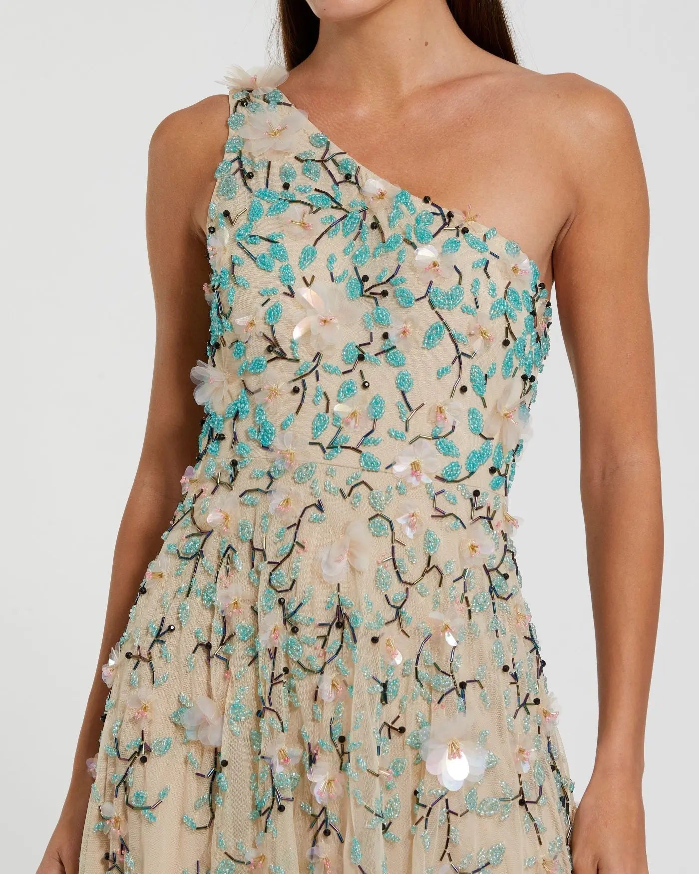 Beige Floral Embellished One Shoulder Midi Dress-Myartka
