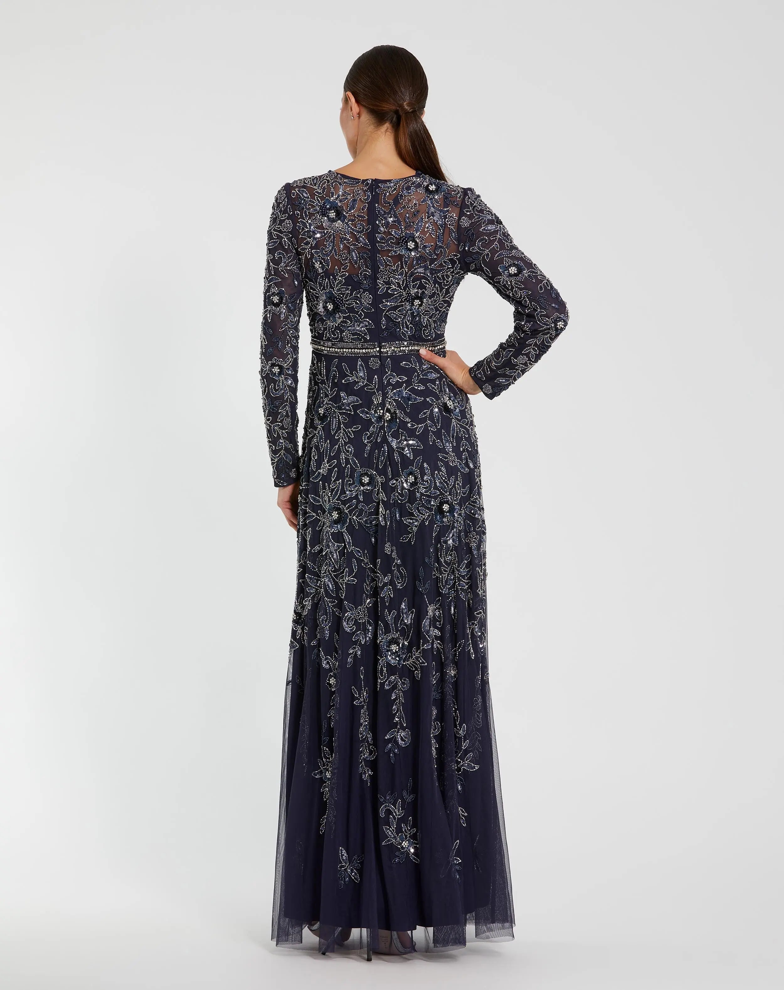 Navy Long Sleeve Floral Embellished A-line Gown-Myartka