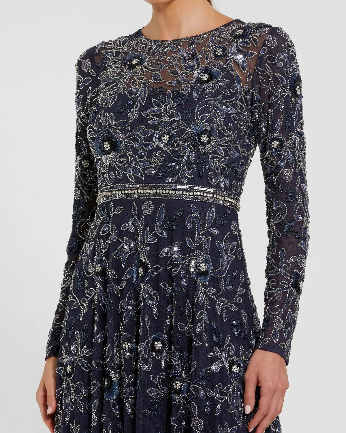 Navy Long Sleeve Floral Embellished A-line Gown-Myartka