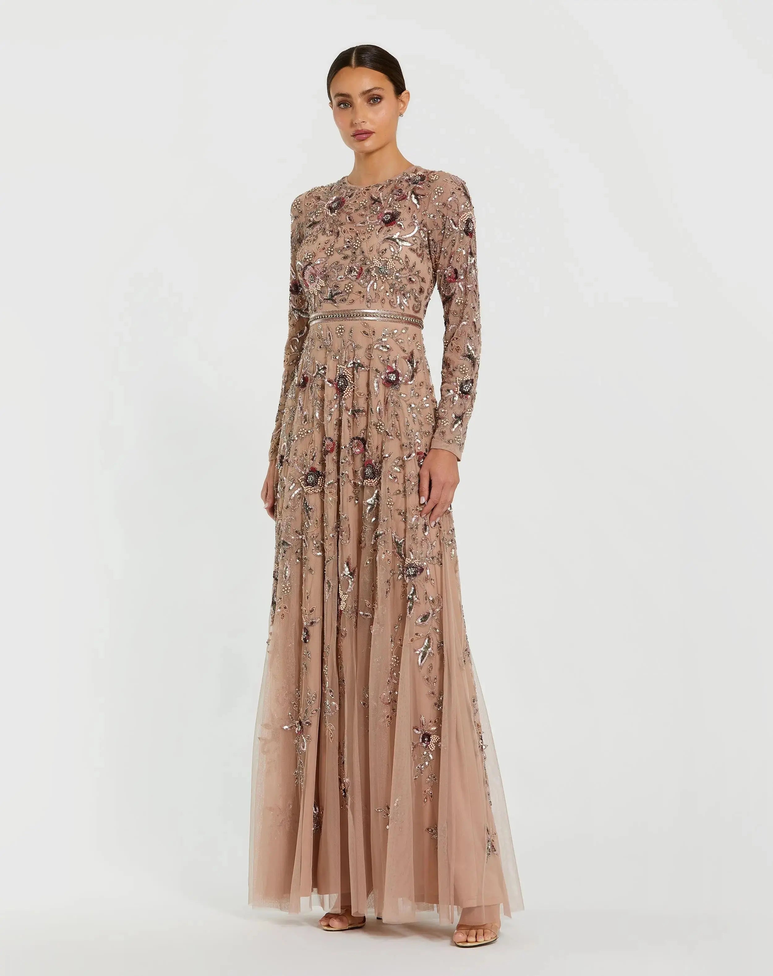 Beige Long Sleeve Floral Embellished A-line Gown-Myartka