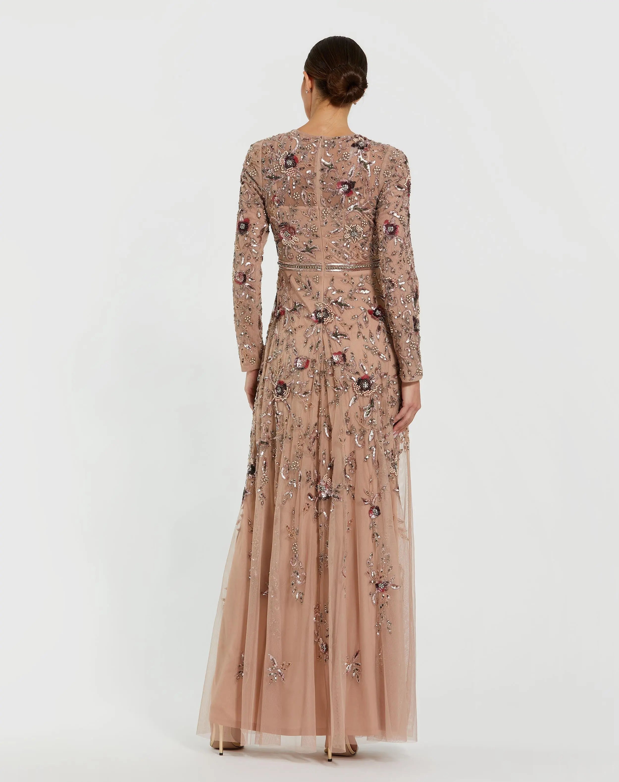 Beige Long Sleeve Floral Embellished A-line Gown-Myartka