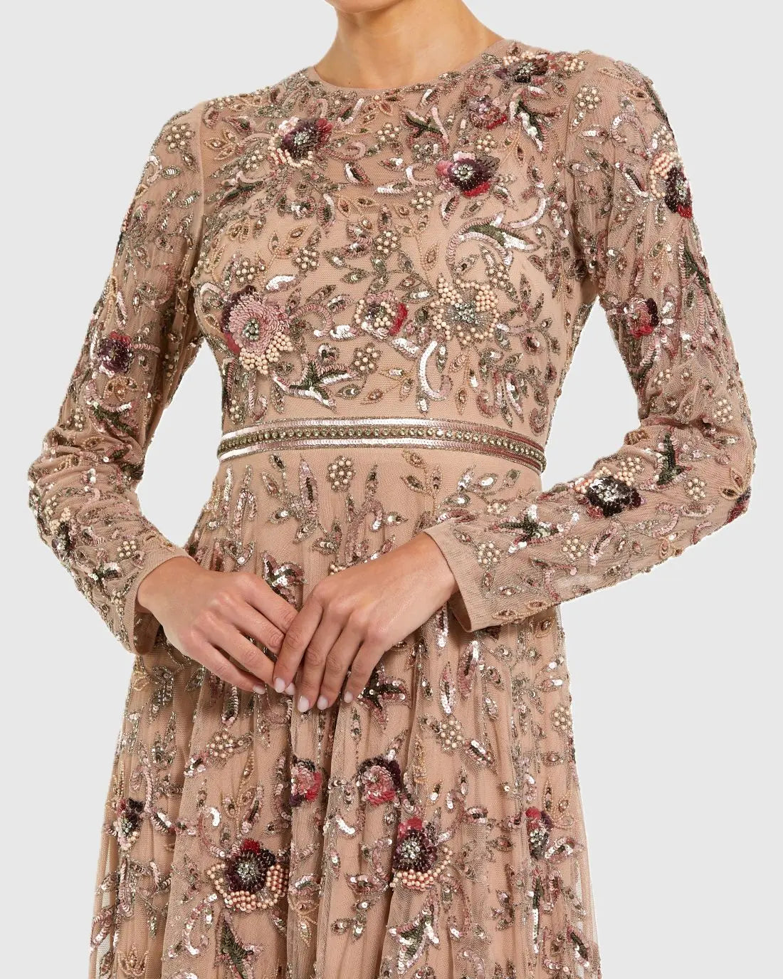 Beige Long Sleeve Floral Embellished A-line Gown-Myartka
