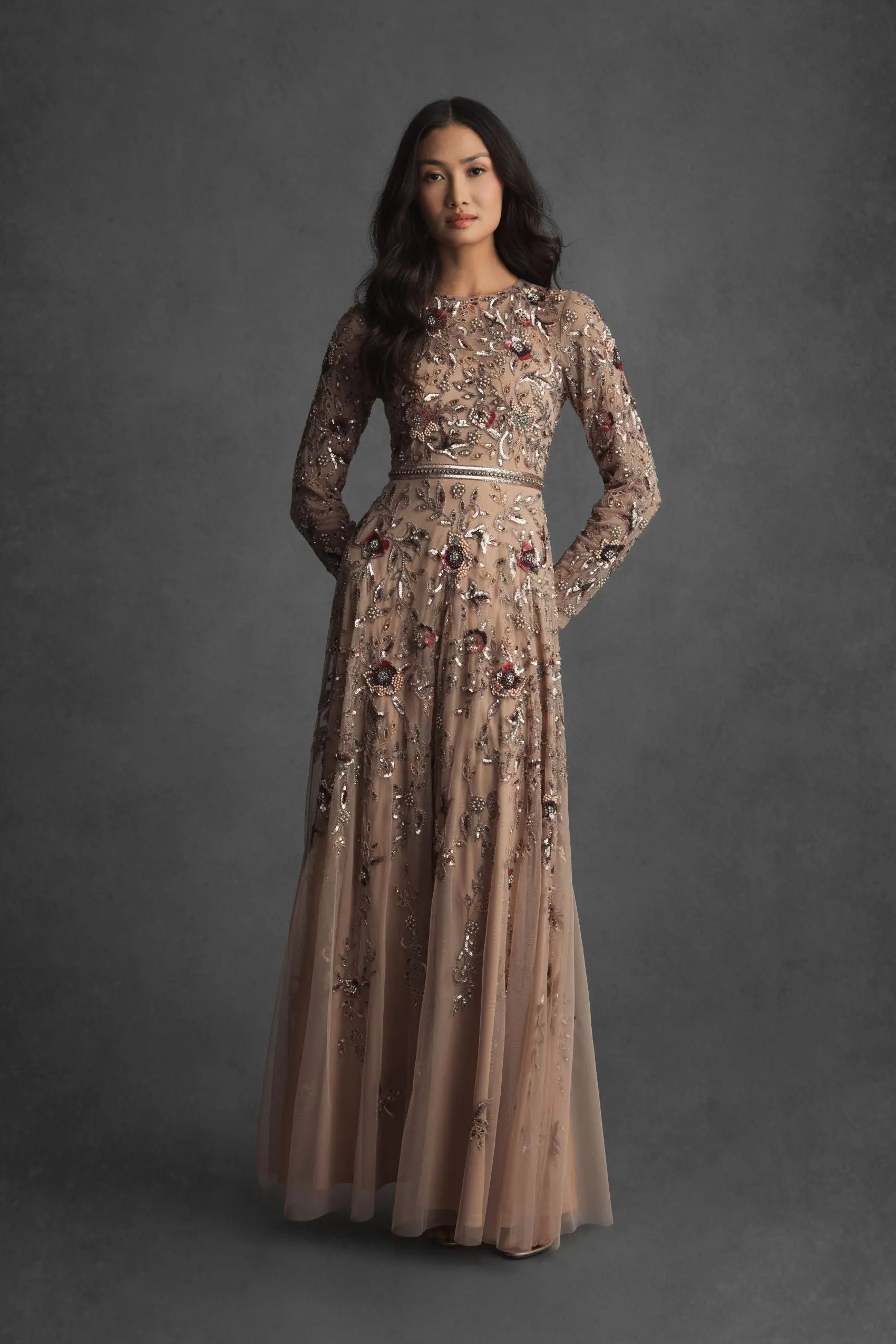 Beige Long Sleeve Floral Embellished A-line Gown-Myartka