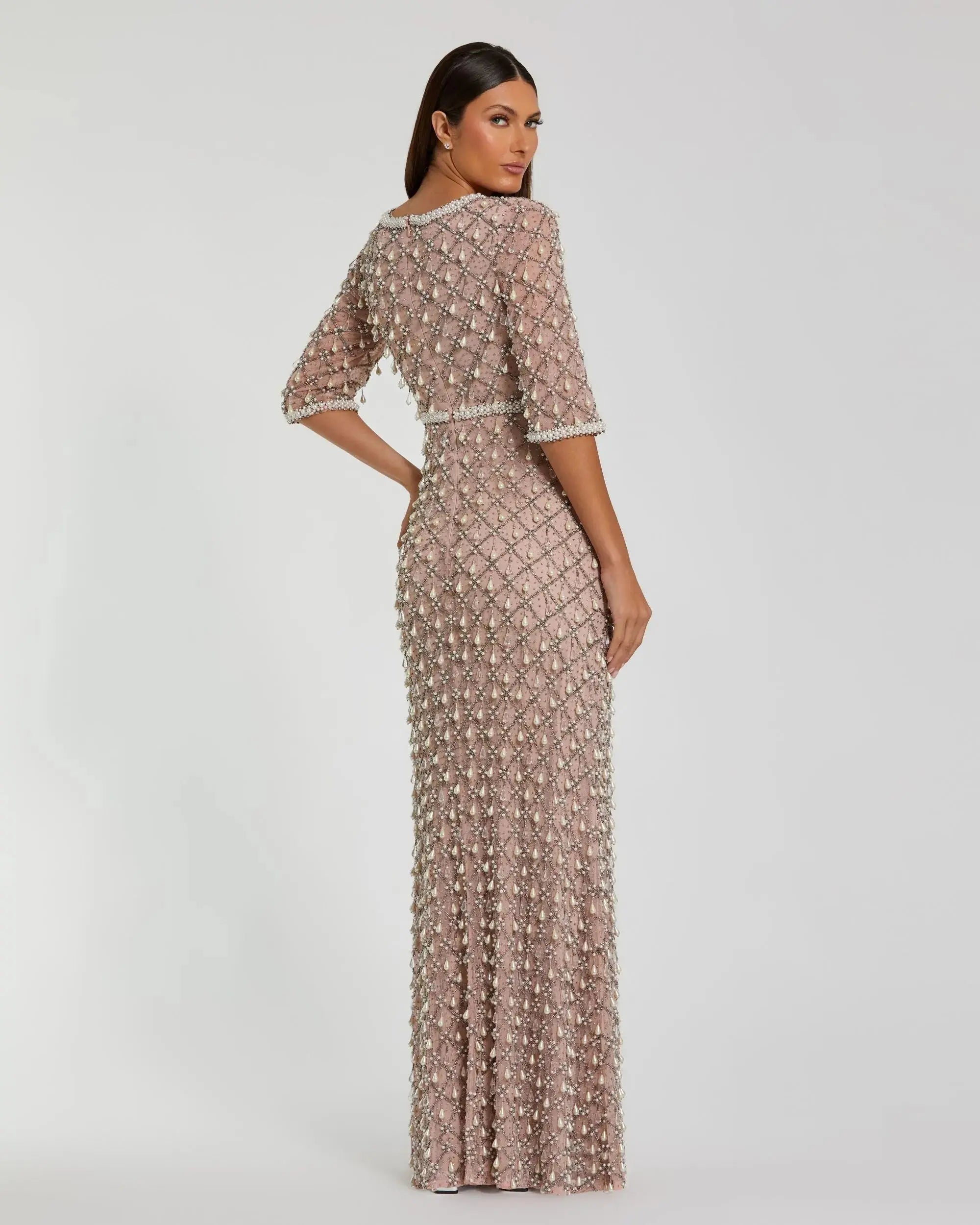 Pink Pearl Embellished 3/4 Sleeve Gown-Myartka