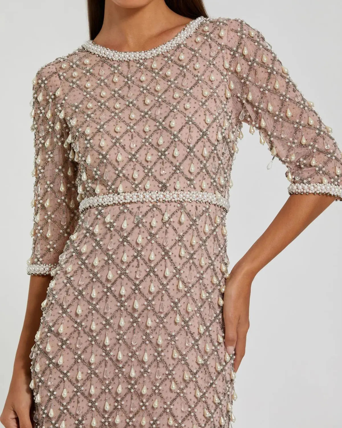 Pink Pearl Embellished 3/4 Sleeve Gown-Myartka