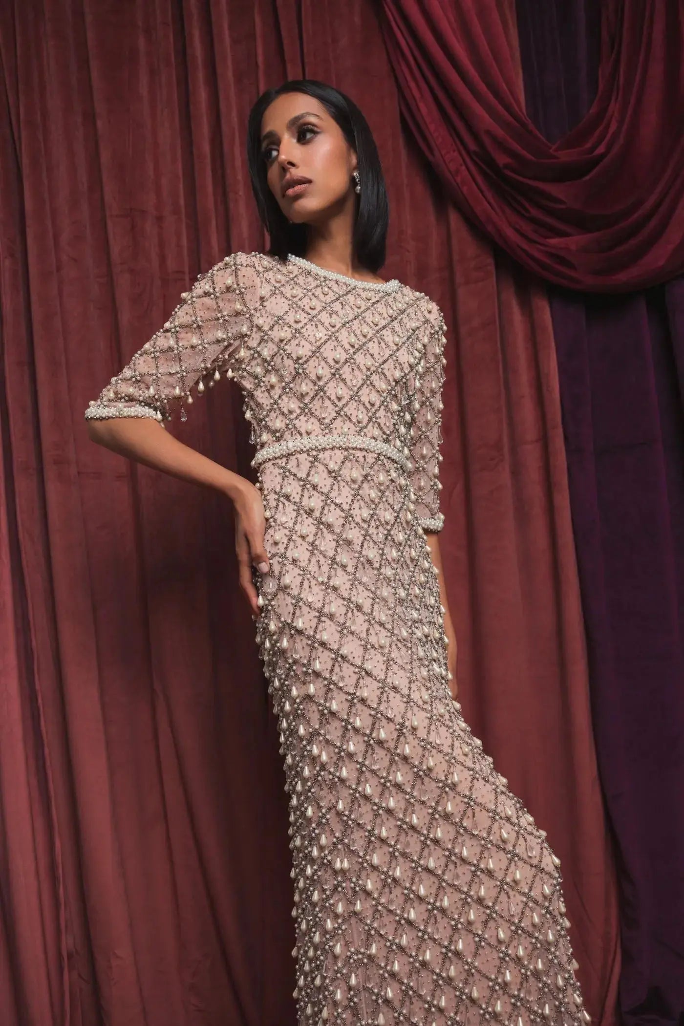 Pink Pearl Embellished 3/4 Sleeve Gown-Myartka