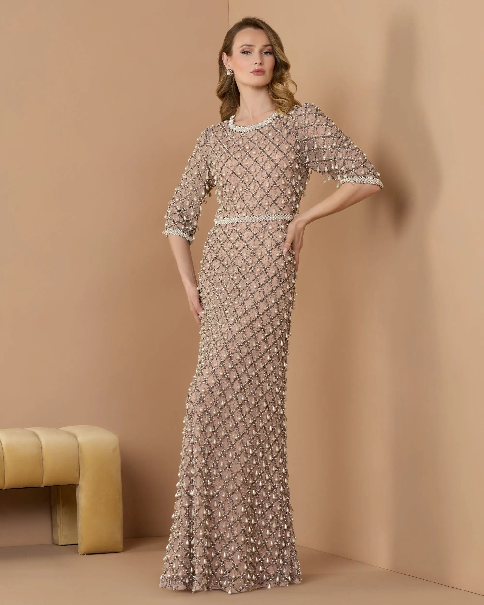 Pink Pearl Embellished 3/4 Sleeve Gown-Myartka
