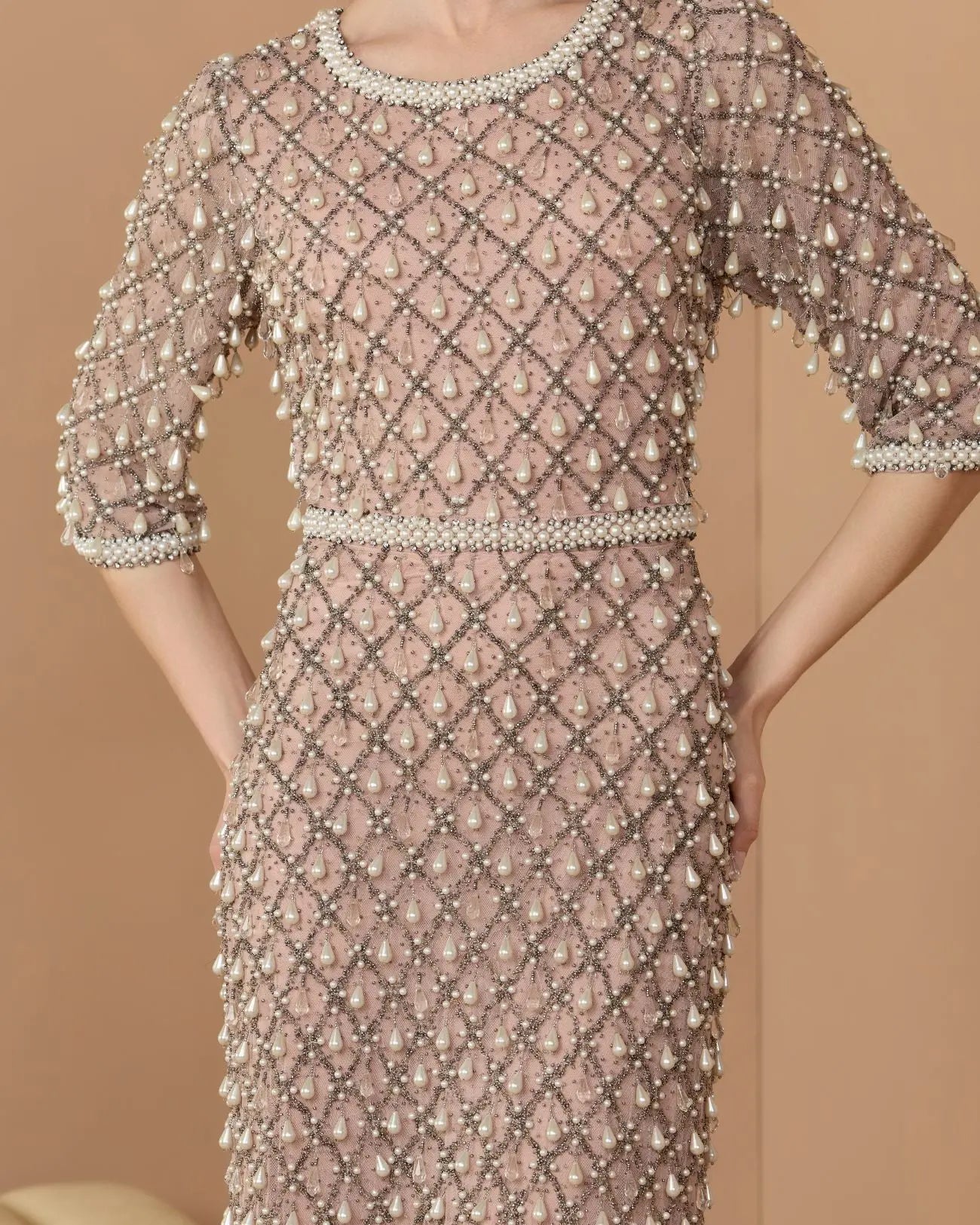 Pink Pearl Embellished 3/4 Sleeve Gown-Myartka