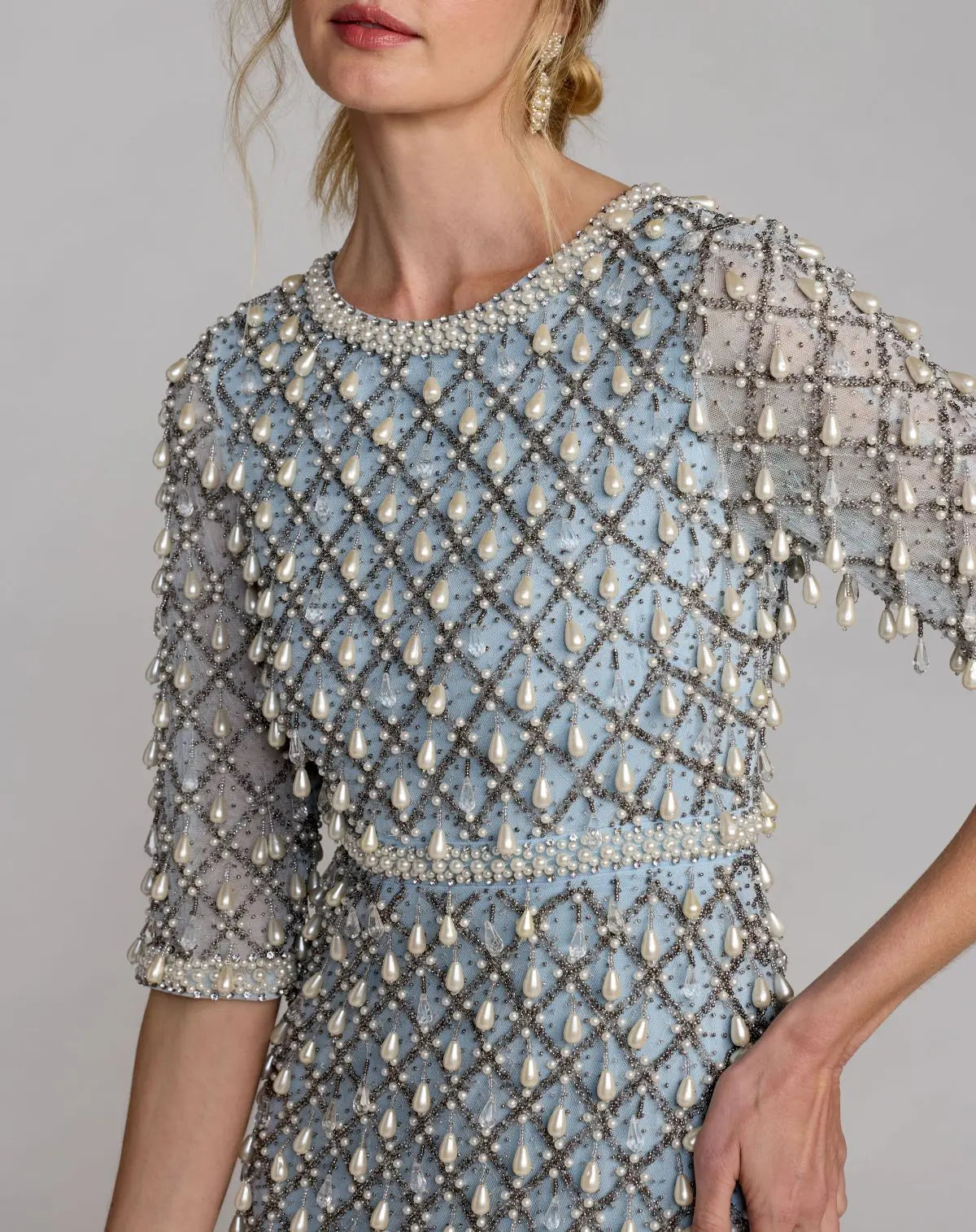 Blue Pearl Embellished 3/4 Sleeve Gown-Myartka