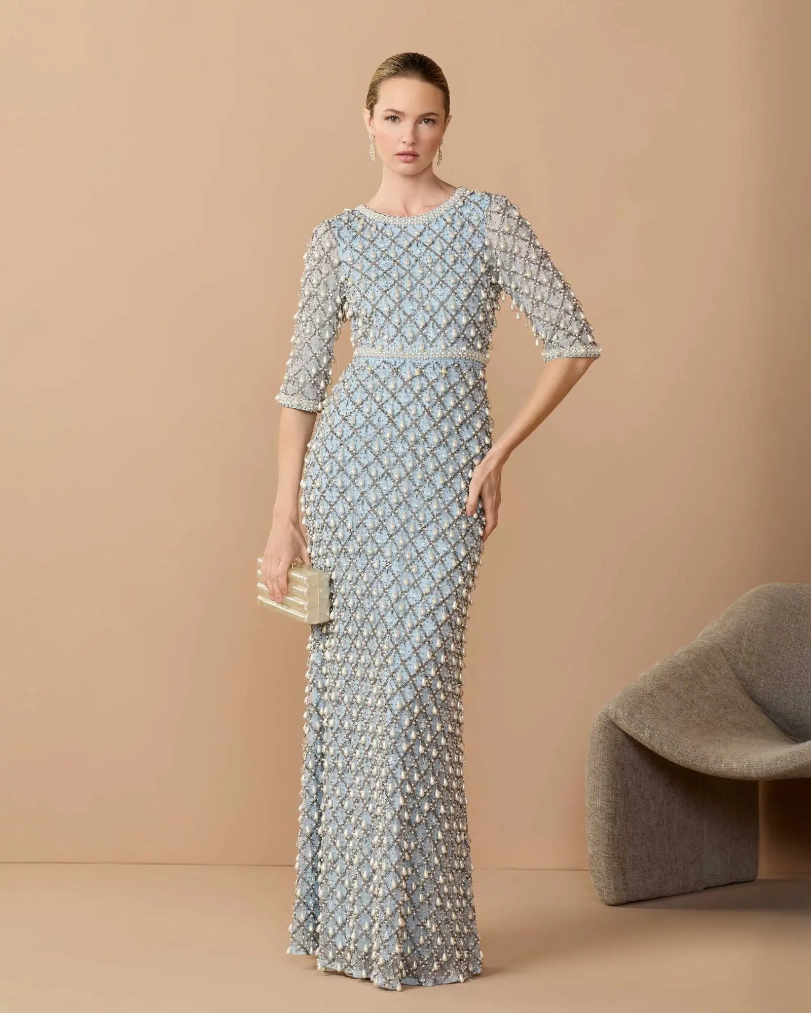 Blue Pearl Embellished 3/4 Sleeve Gown-Myartka