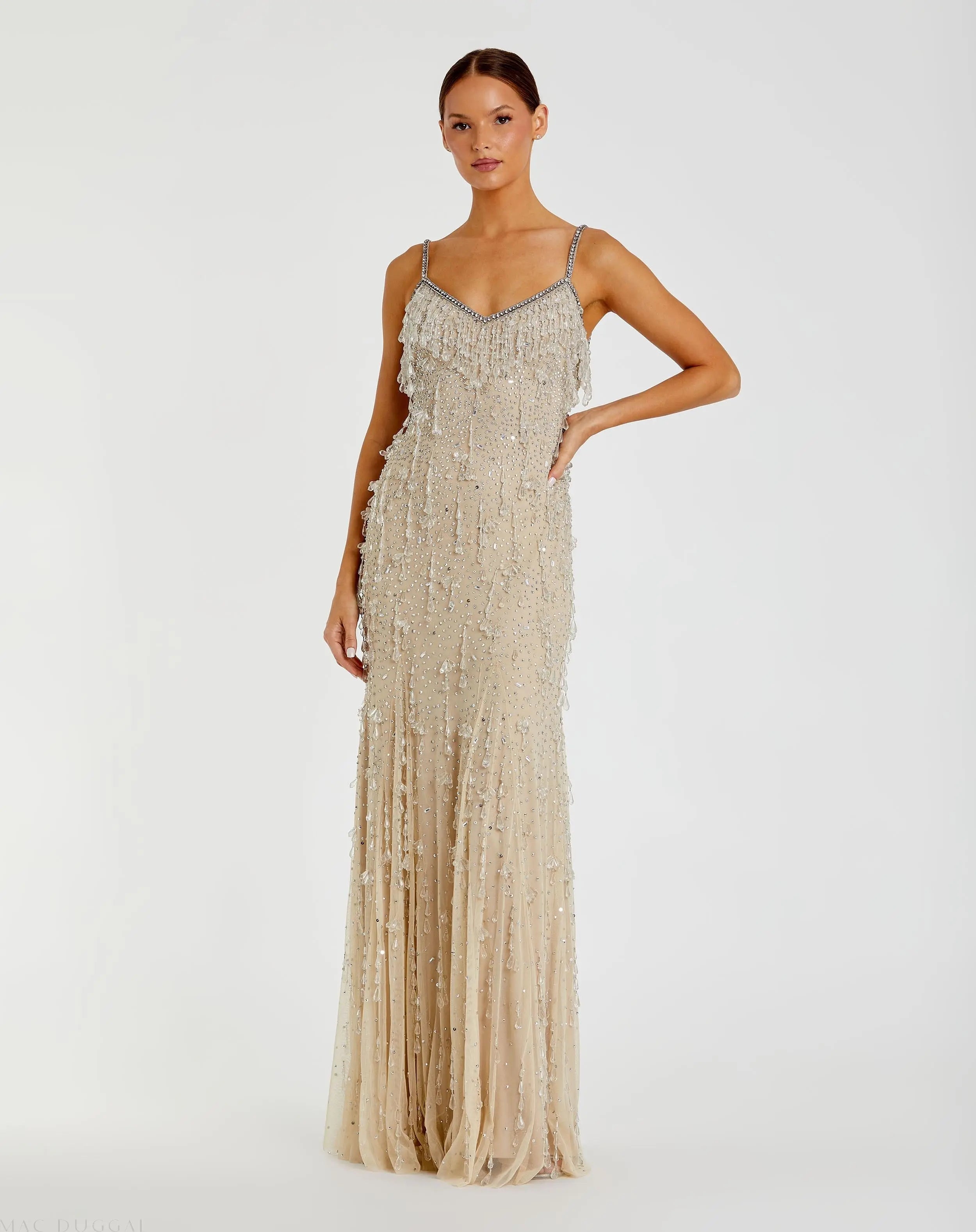 Beige V-Neck Column Gown with Fringe Embellishments-Myartka
