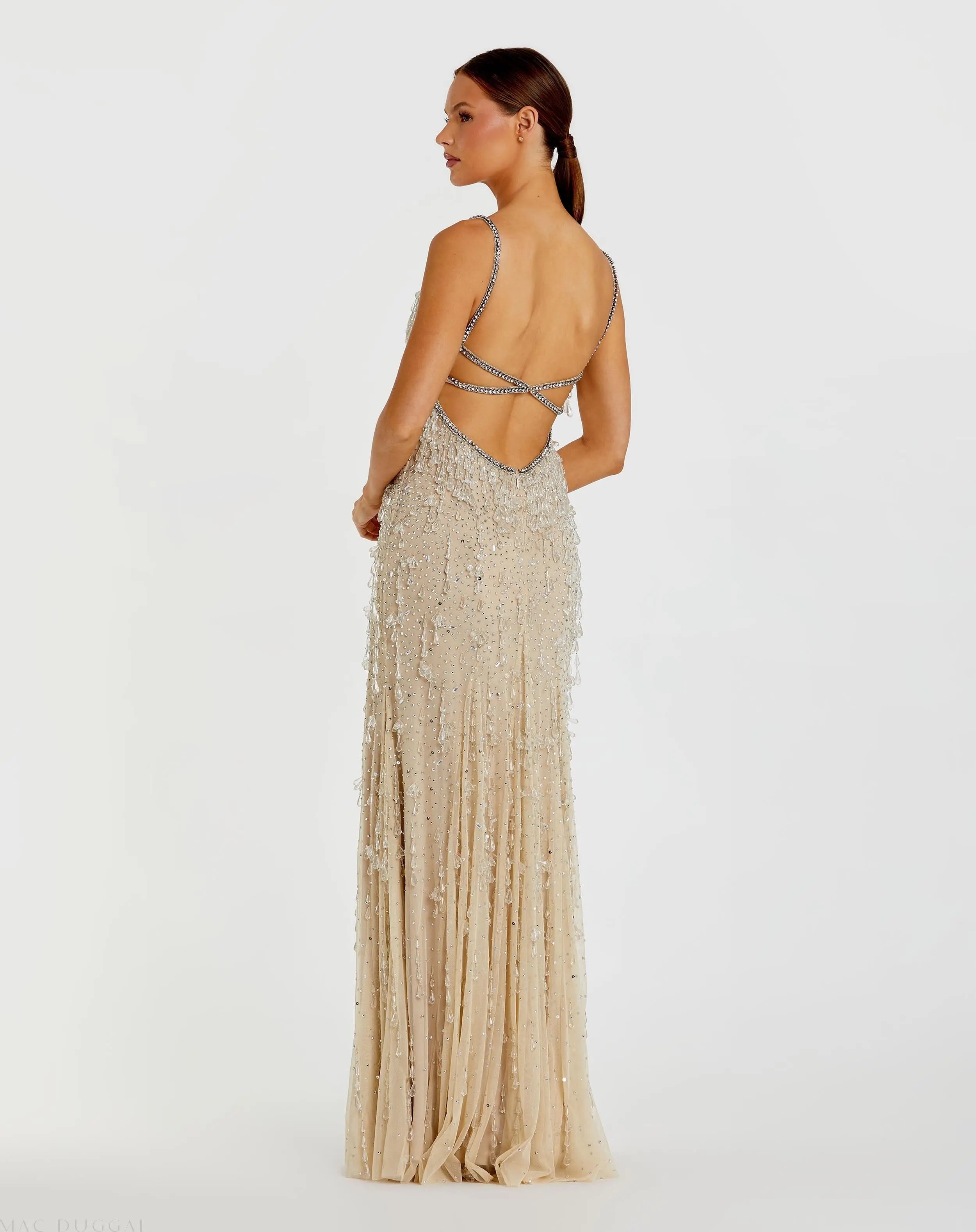 Beige V-Neck Column Gown with Fringe Embellishments-Myartka