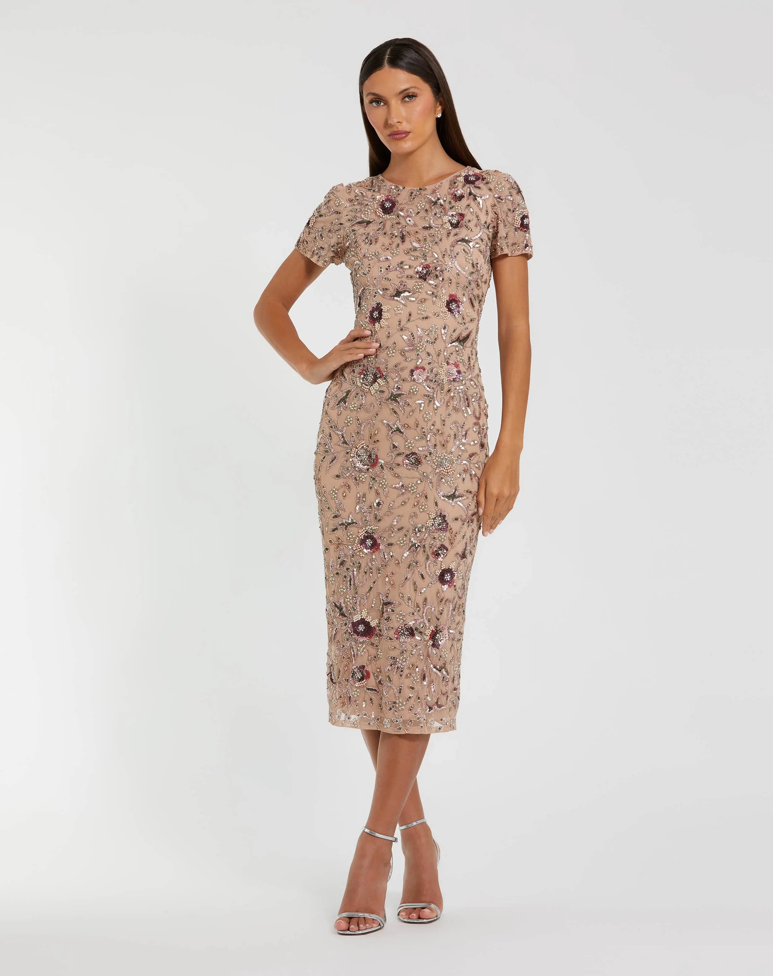 Beige Floral Embellished Short Sleeve Midi Dress-Myartka