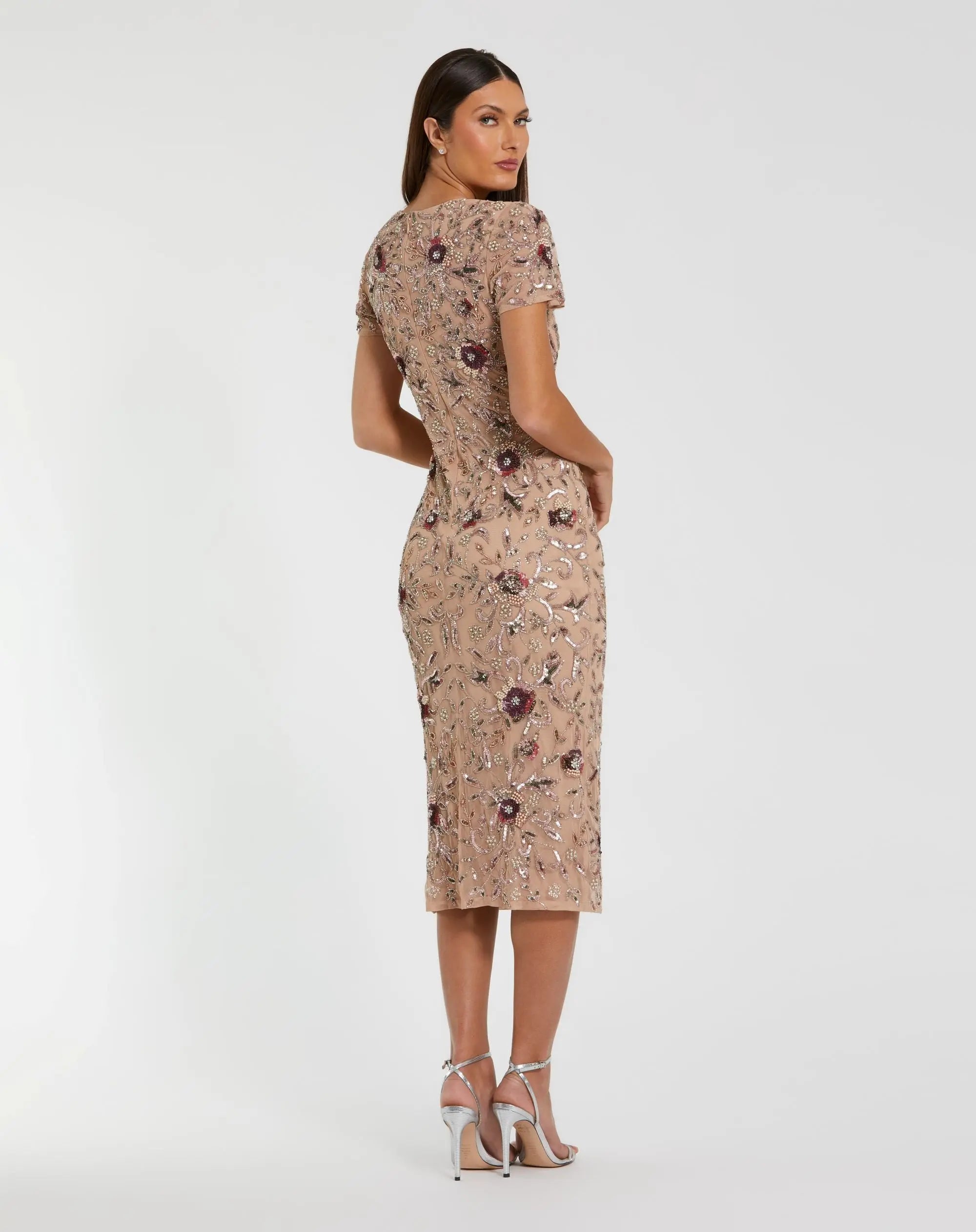 Beige Floral Embellished Short Sleeve Midi Dress-Myartka