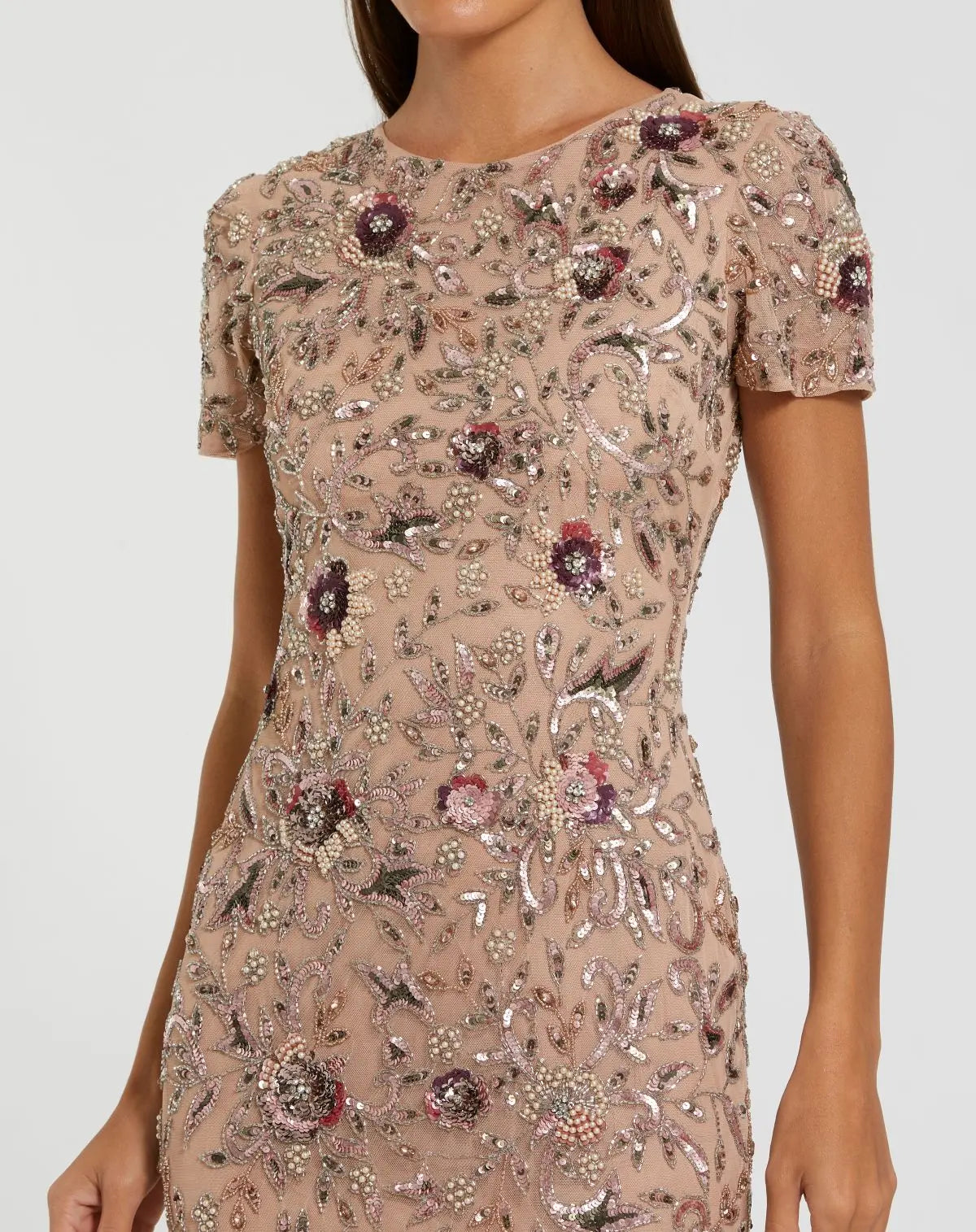 Beige Floral Embellished Short Sleeve Midi Dress-Myartka
