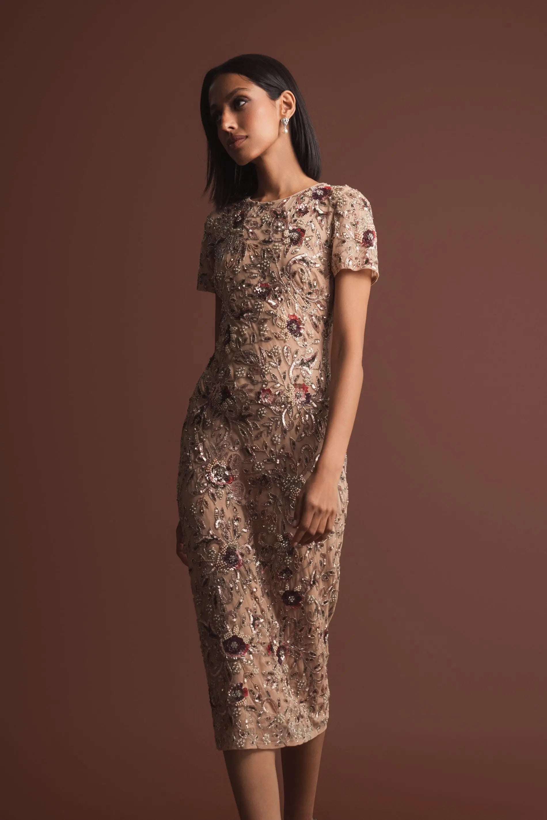 Beige Floral Embellished Short Sleeve Midi Dress-Myartka