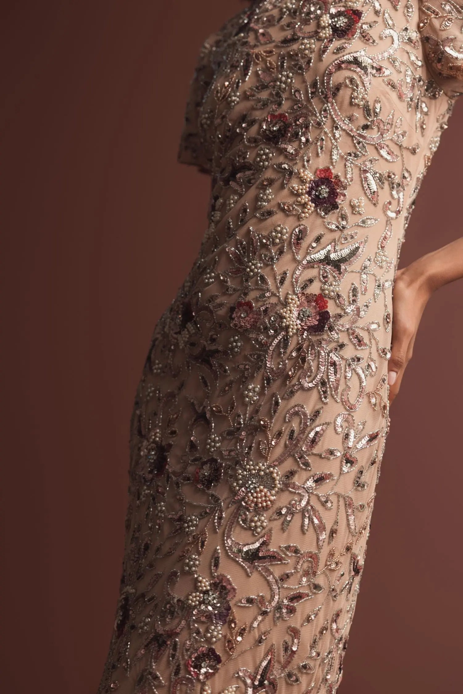 Beige Floral Embellished Short Sleeve Midi Dress-Myartka