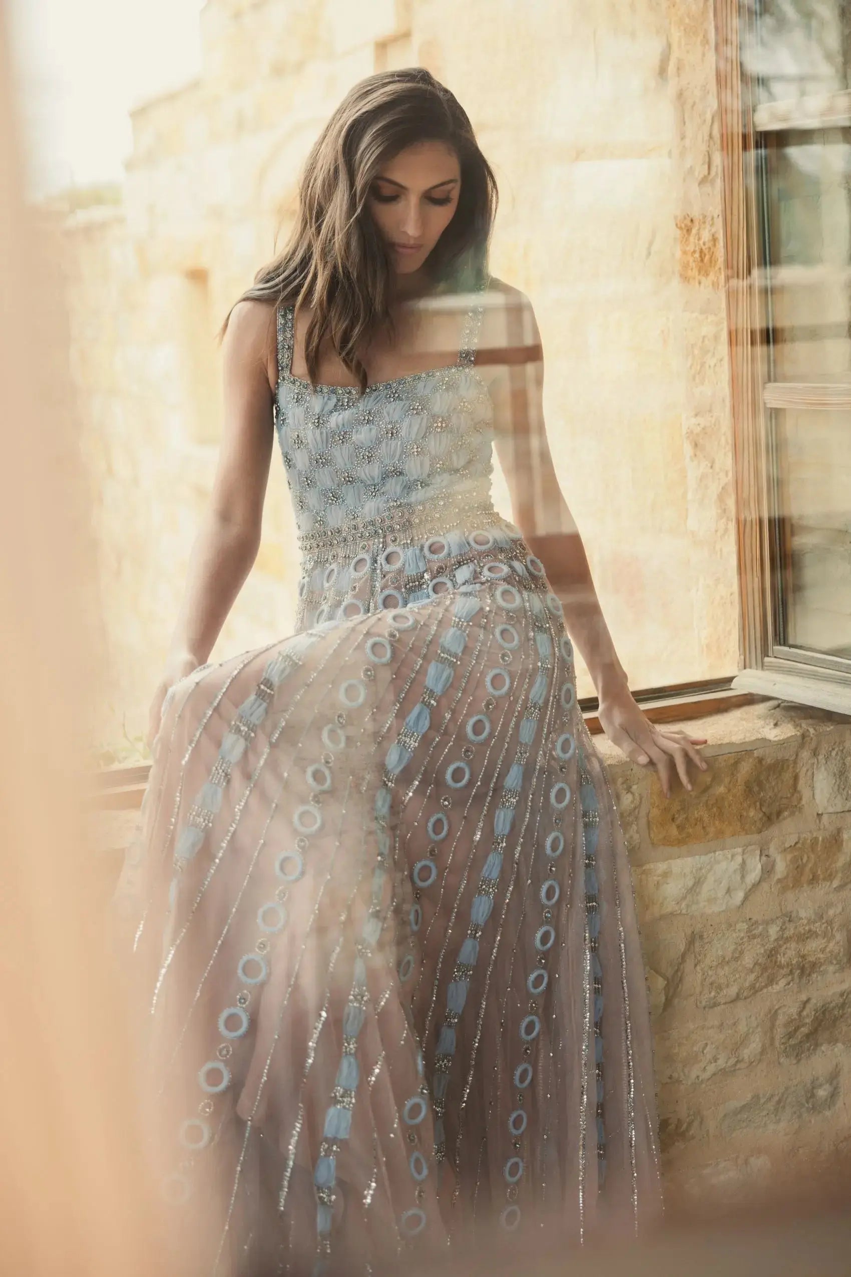 Light Blue Sleeveless Embellished A-line Gown-Myartka